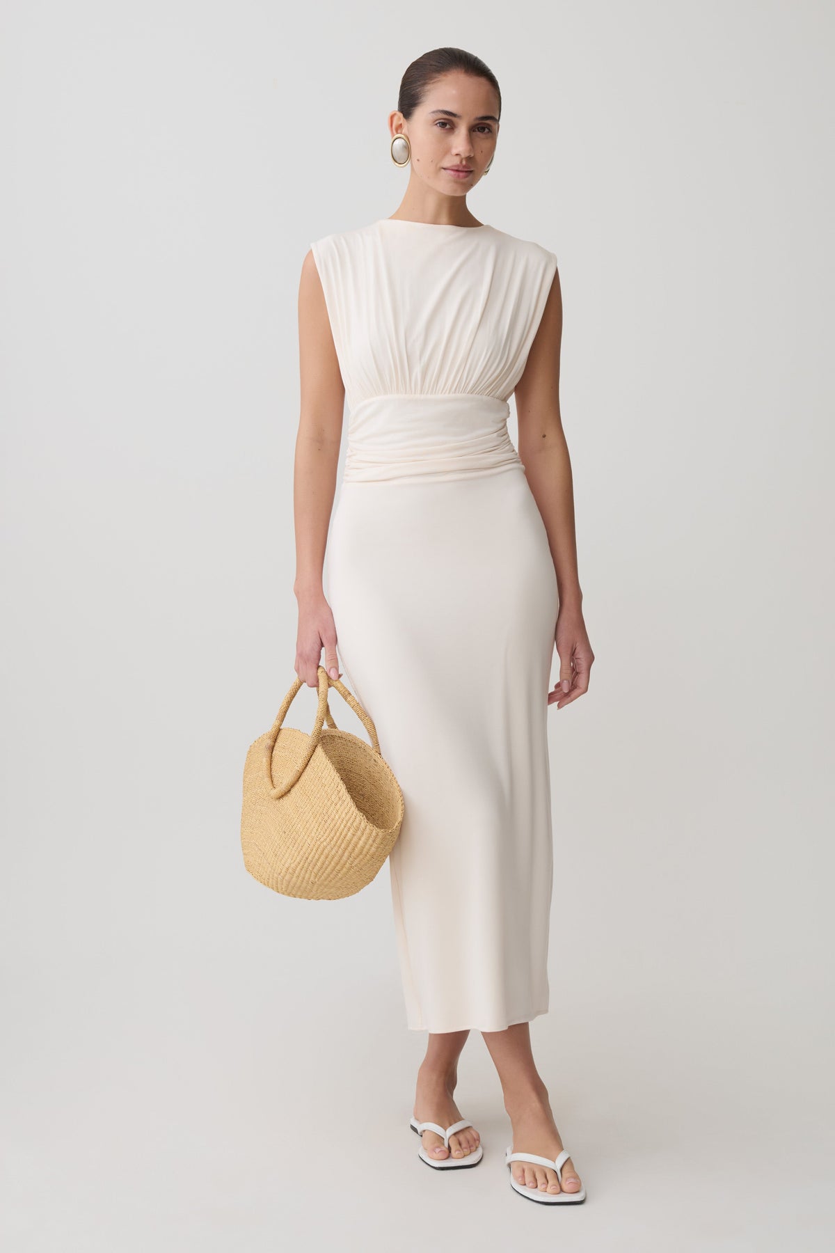 Kura Ruched Modal Sleeveless Midi Dress - Ivory