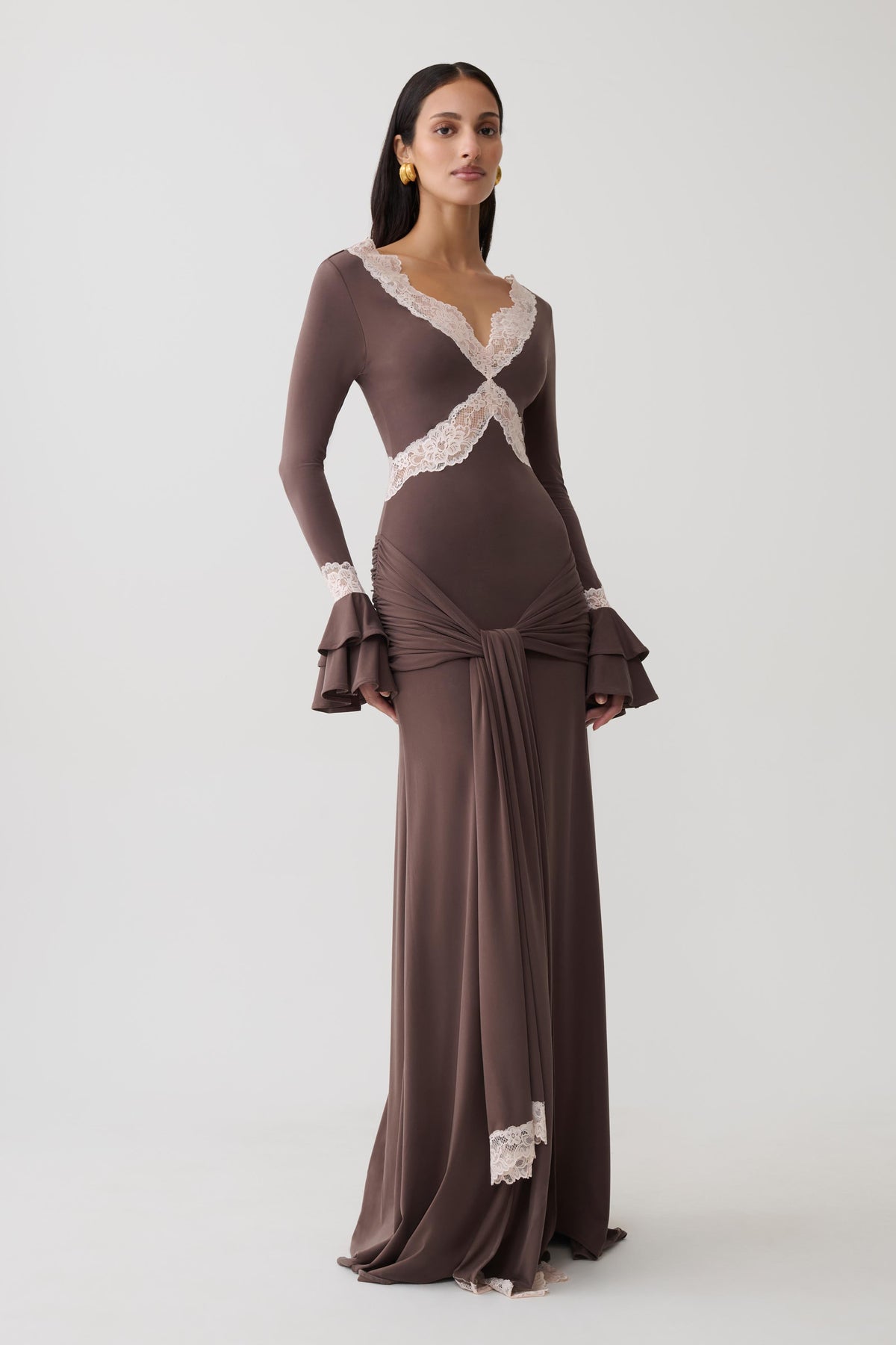 Electra Slinky Lace Maxi Dress - Chocolate/Ballet Pink