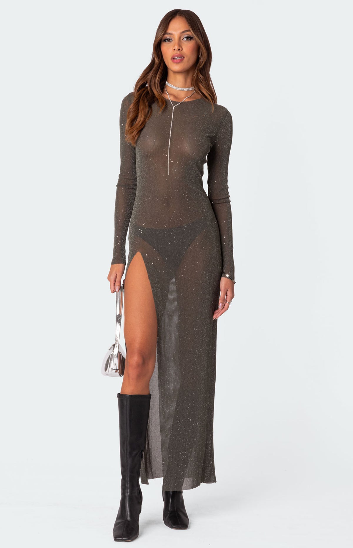Edikted Glitter Mesh Slitted Maxi Dress
