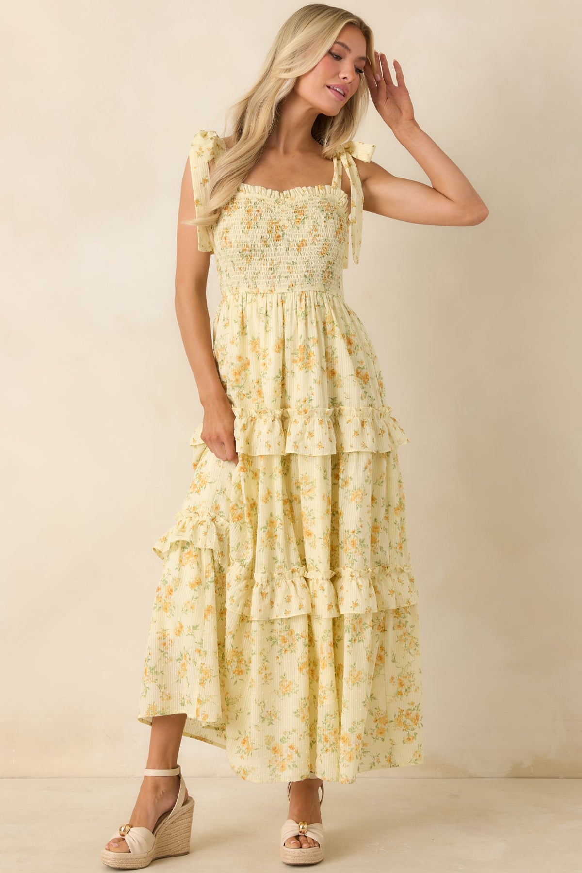 Afternoon Like This Butter Yellow Floral Ruffle Tiered Cotton Midi Dress