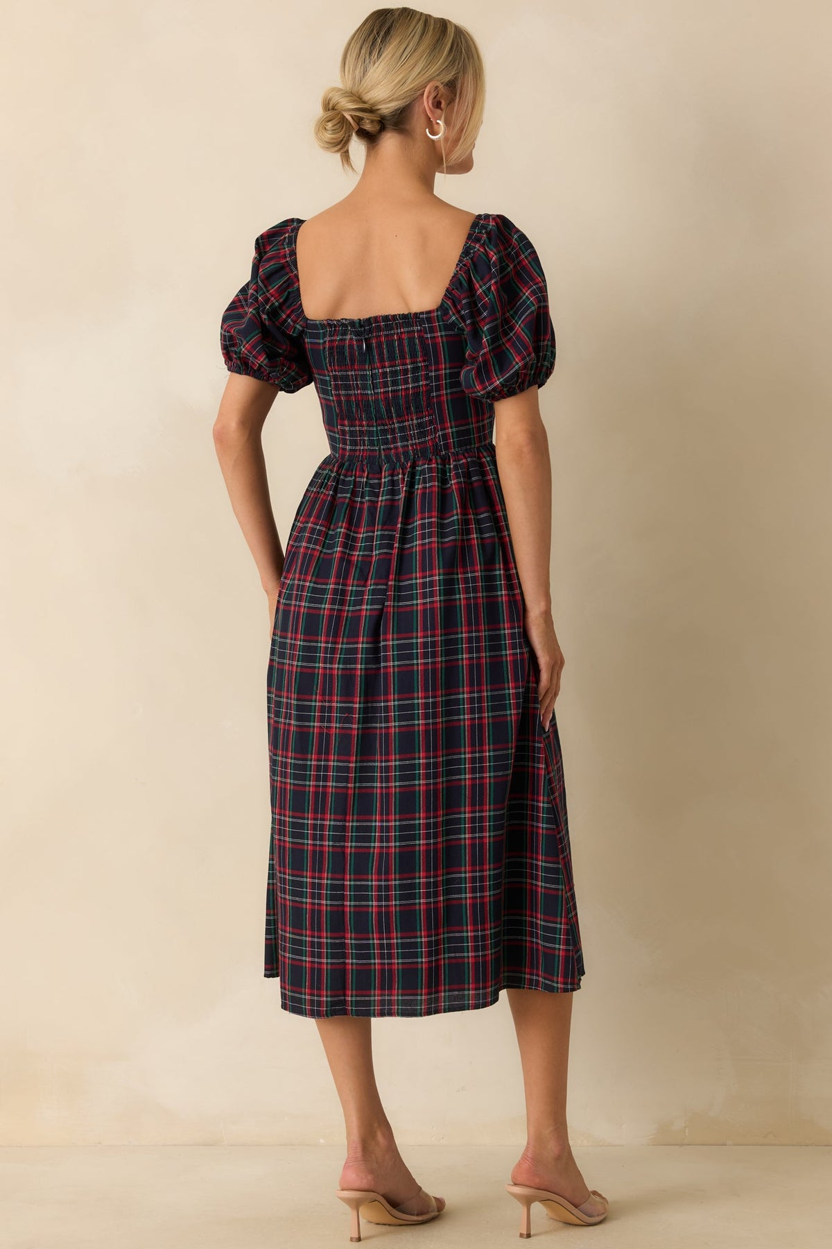 Always You Cotton Navy Plaid Puff Sleeve Midi Dress