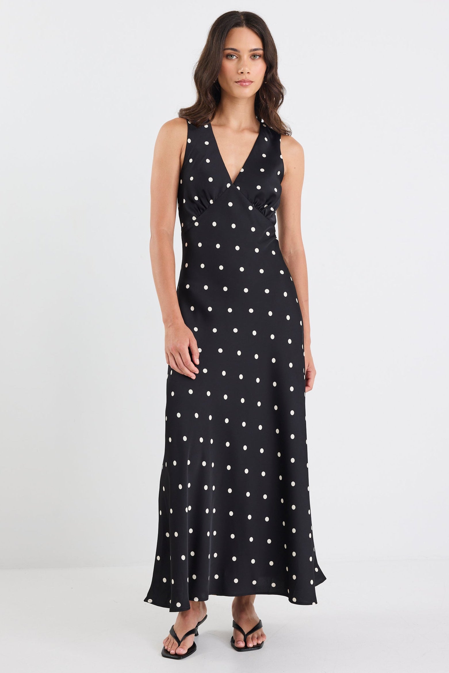 Aston Black Large Polka Dot Satin Bias Flared Maxi Dress