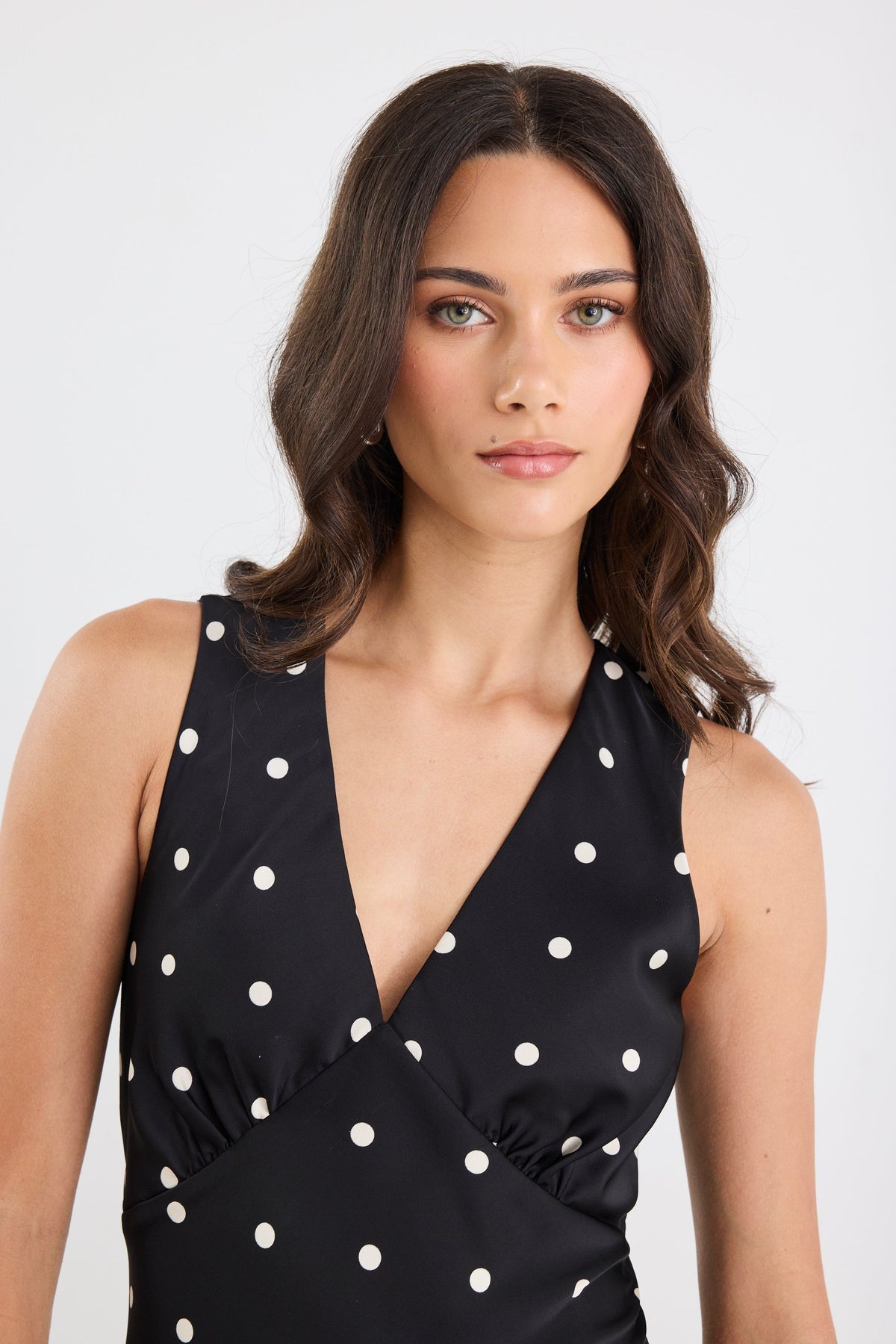 Aston Black Large Polka Dot Satin Bias Flared Maxi Dress