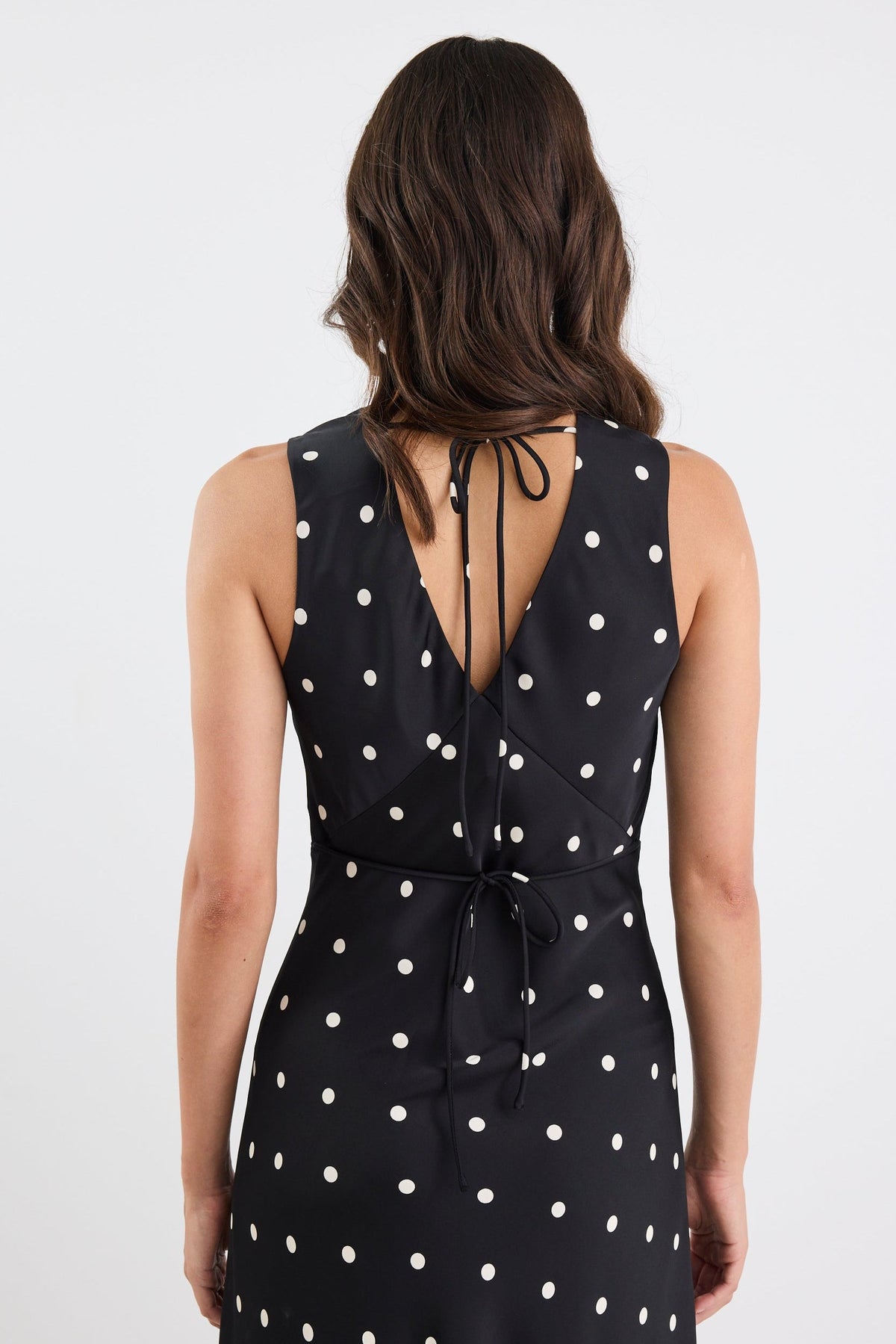Aston Black Large Polka Dot Satin Bias Flared Maxi Dress
