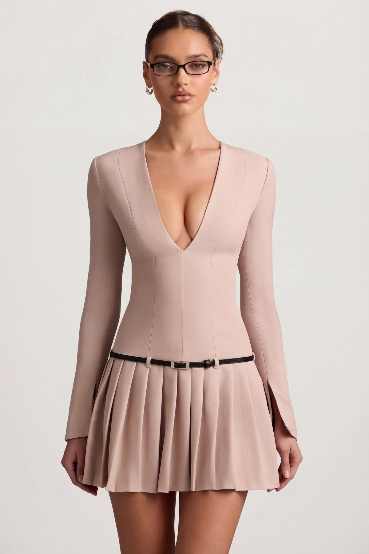 Long-Sleeve Pleated Mini Dress in Mushroom