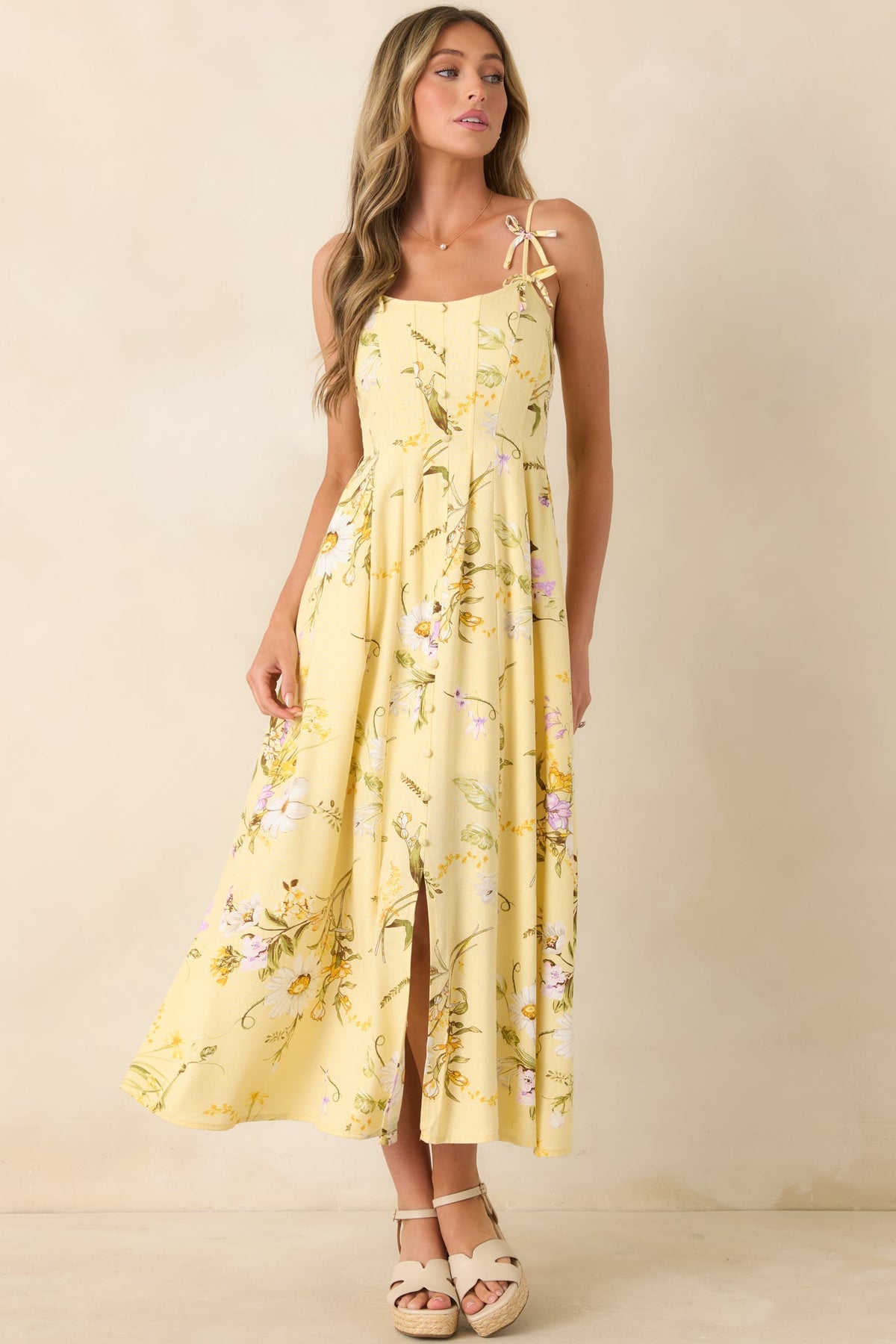 A Dash of Sunshine Yellow Multi Floral Print Bow Accent Strap Midi Dress