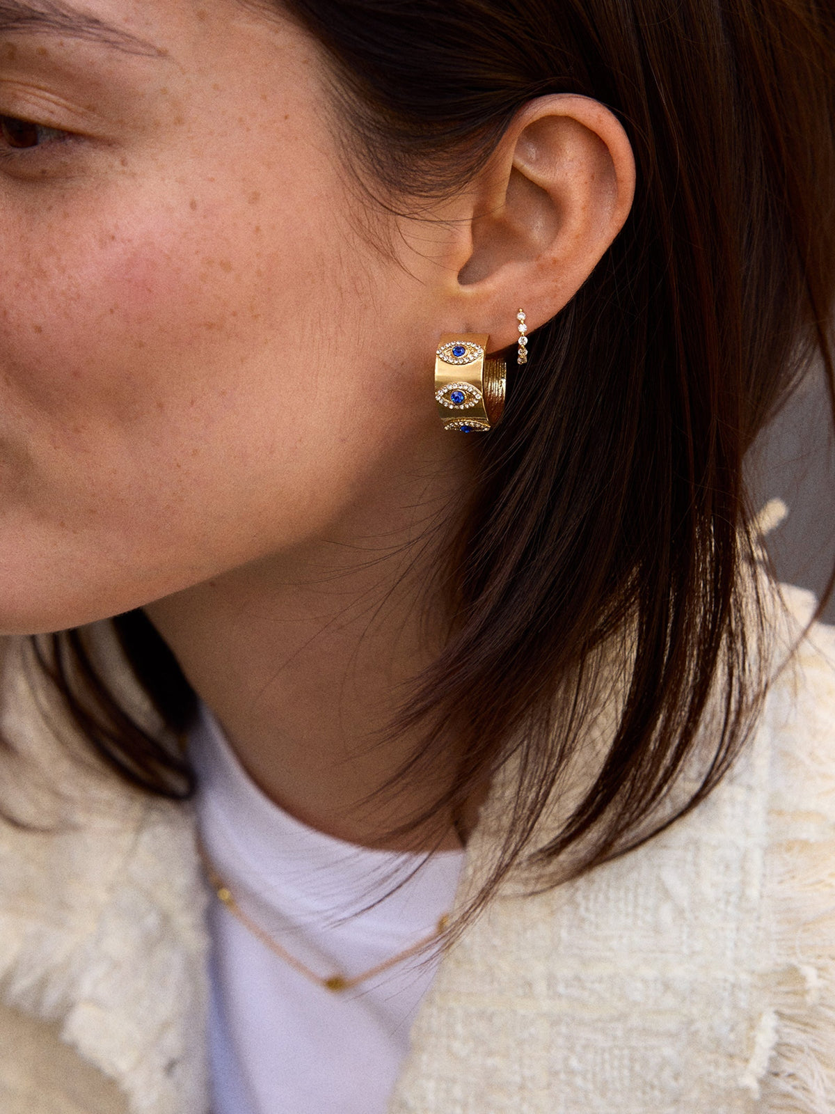 Evil Eye On Repeat Hoop Earrings - Gold/Blue