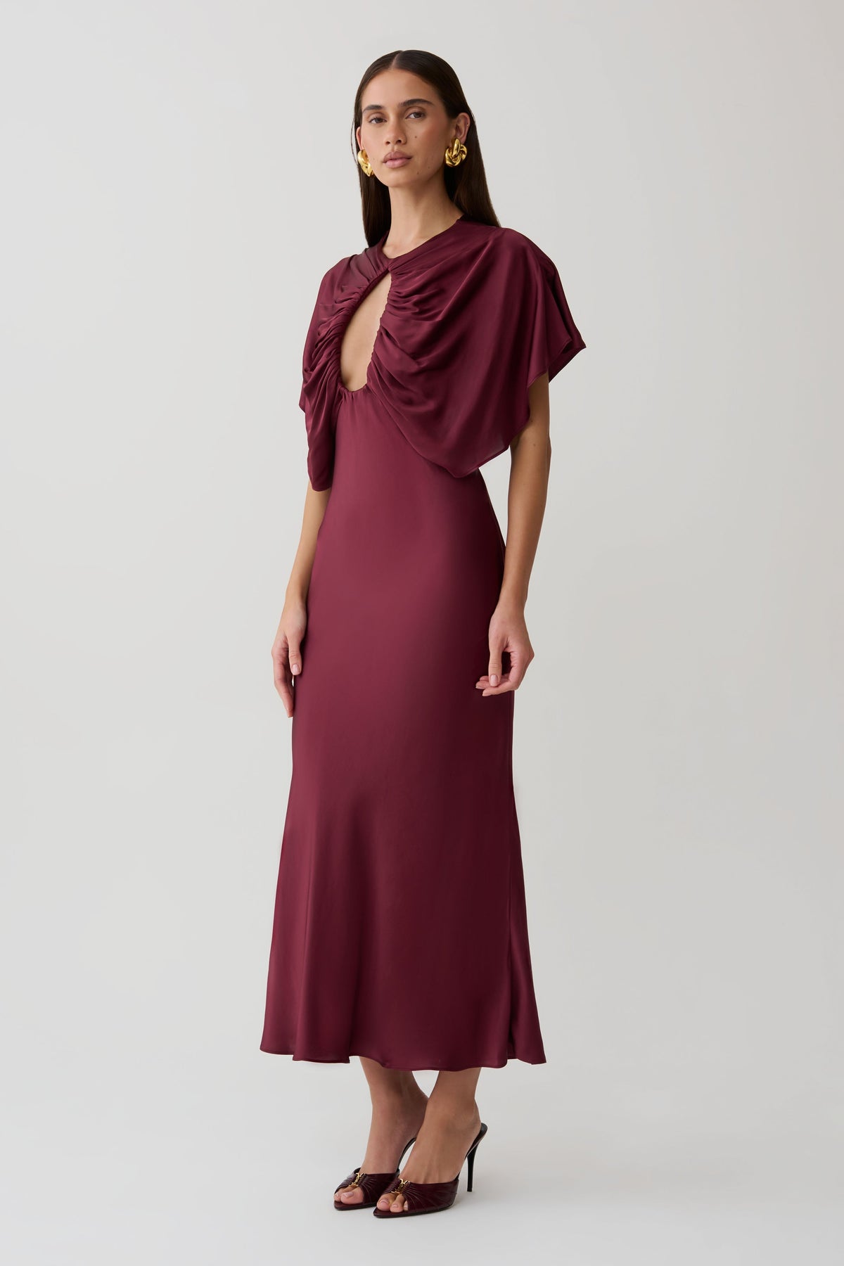 Mona Cut Out Satin Midi Dress - Burgundy