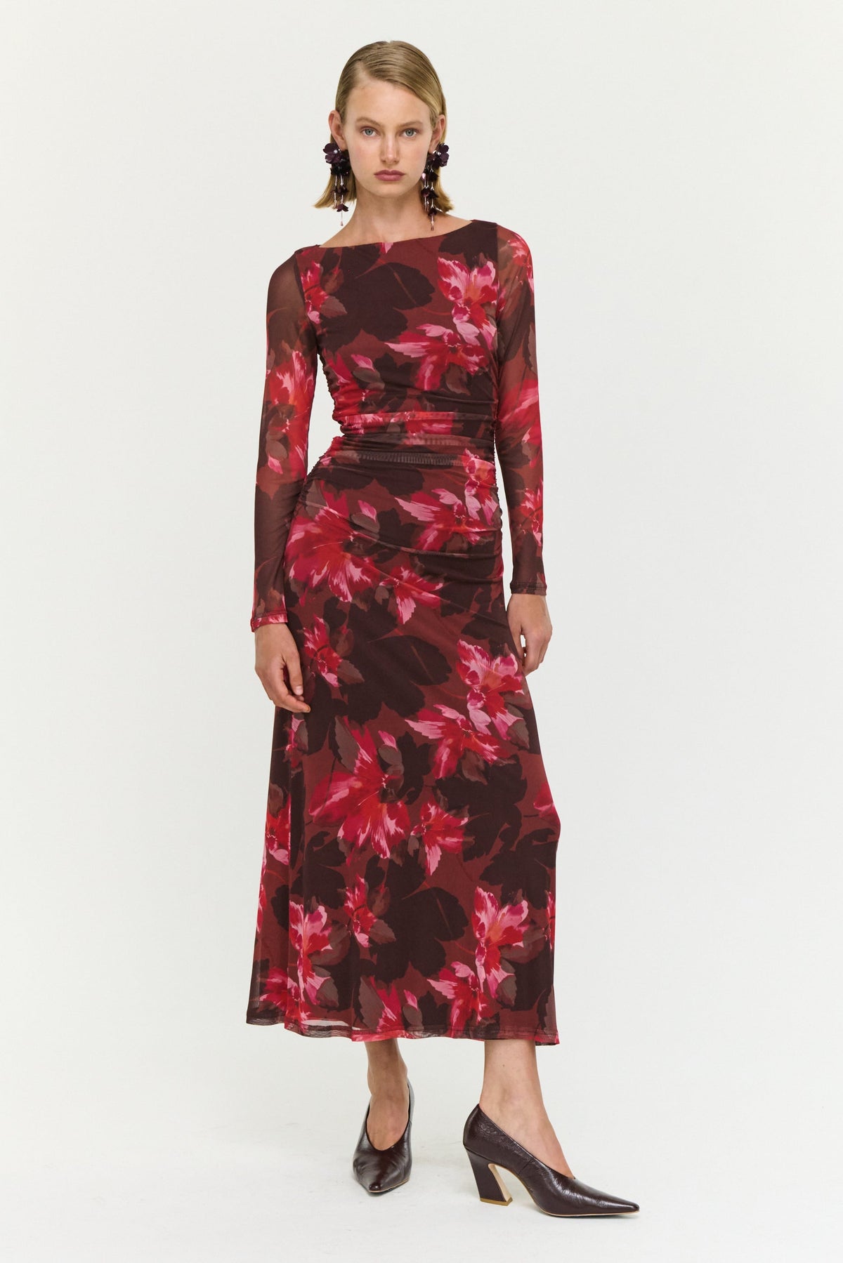 Amyra Bordeaux Garden Chocolate Mesh LS Midi Dress