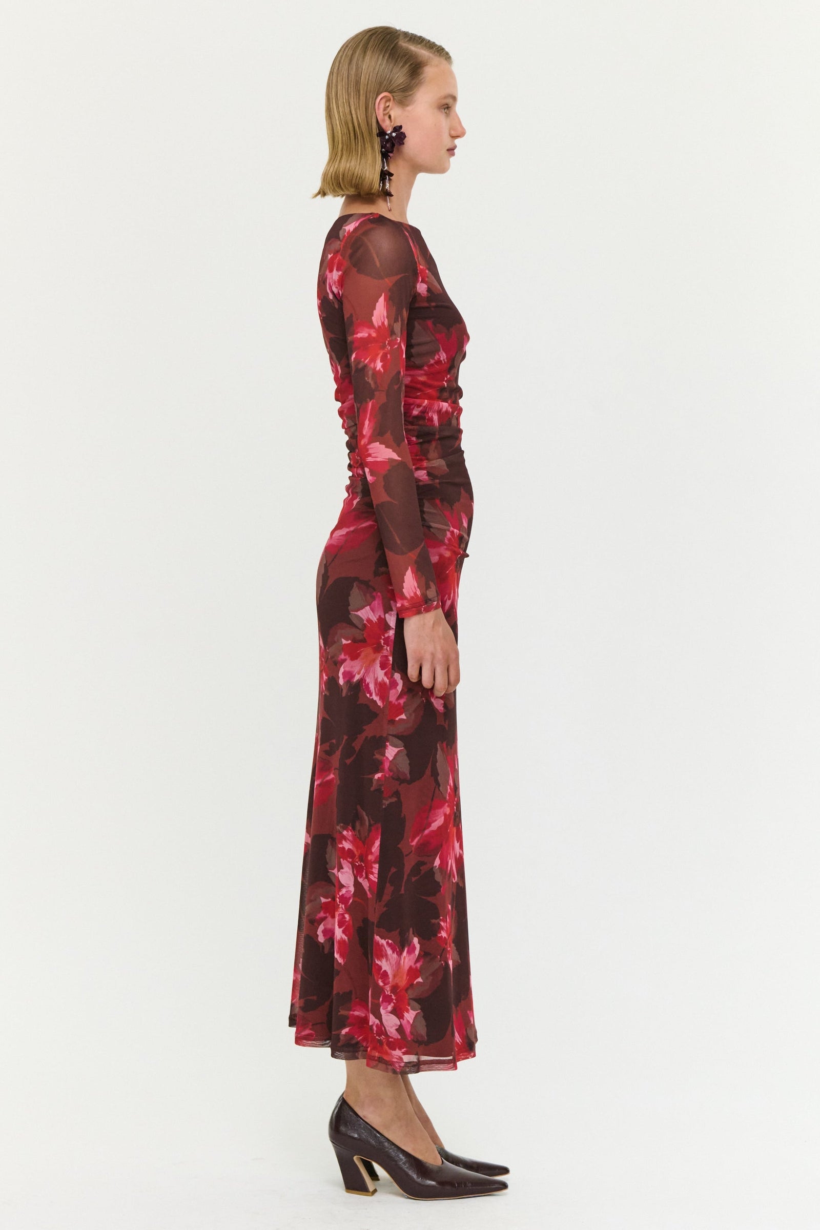 Amyra Bordeaux Garden Chocolate Mesh LS Midi Dress