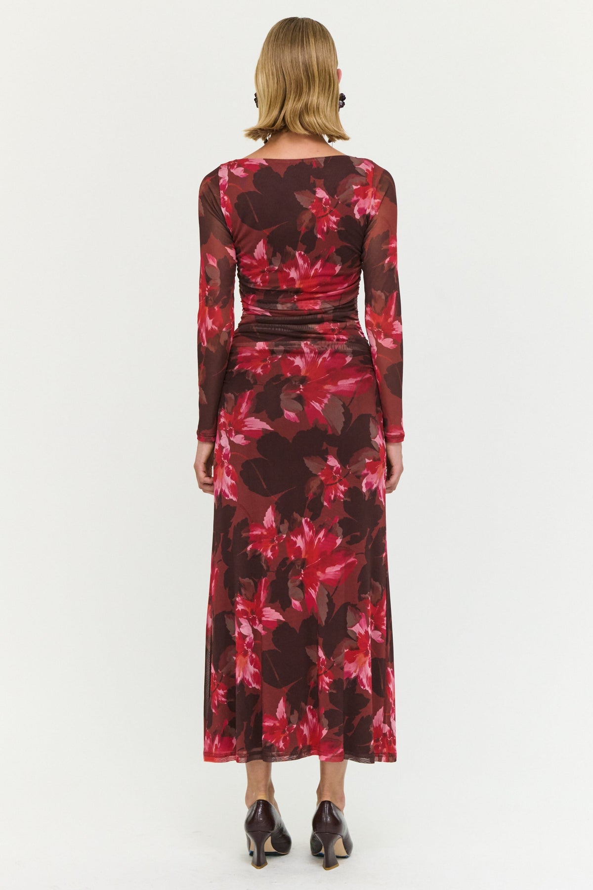 Amyra Bordeaux Garden Chocolate Mesh LS Midi Dress