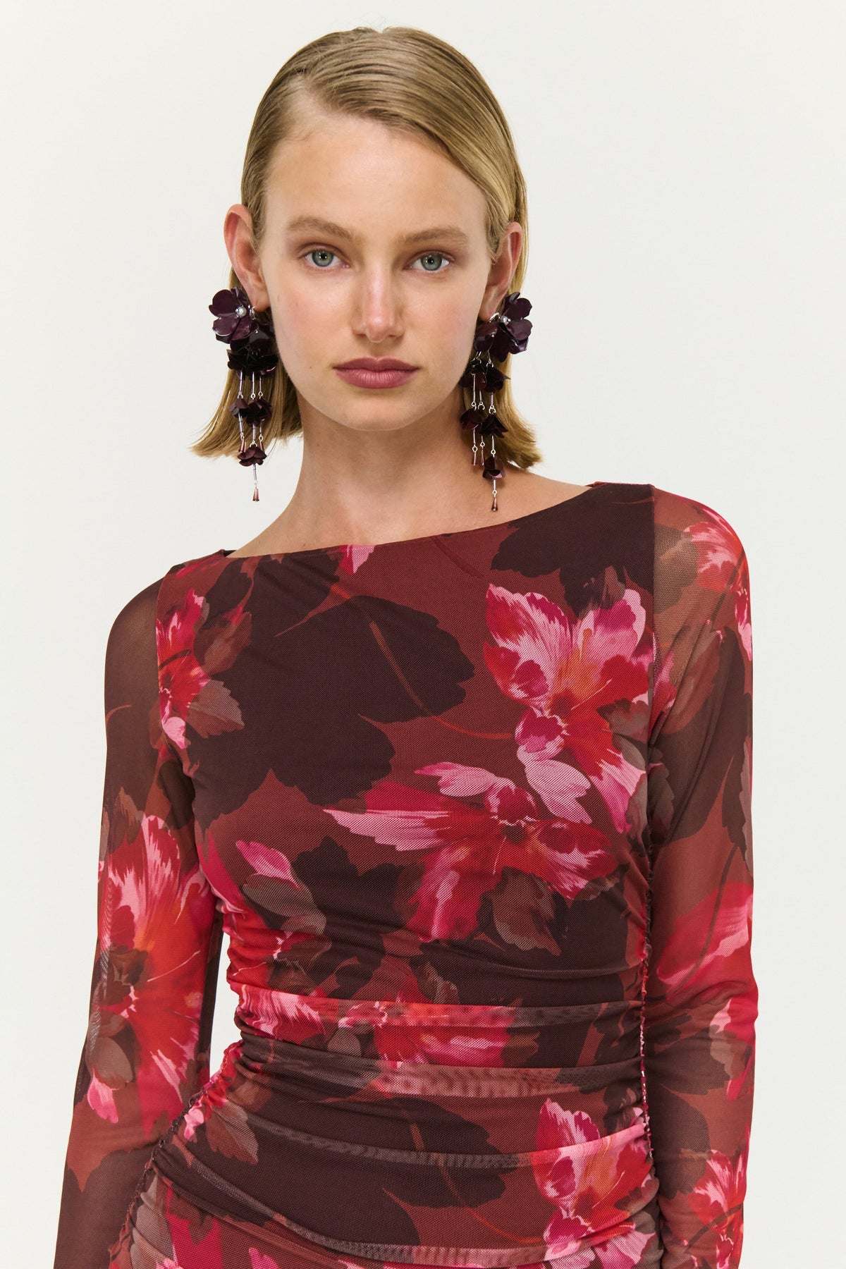 Amyra Bordeaux Garden Chocolate Mesh LS Midi Dress