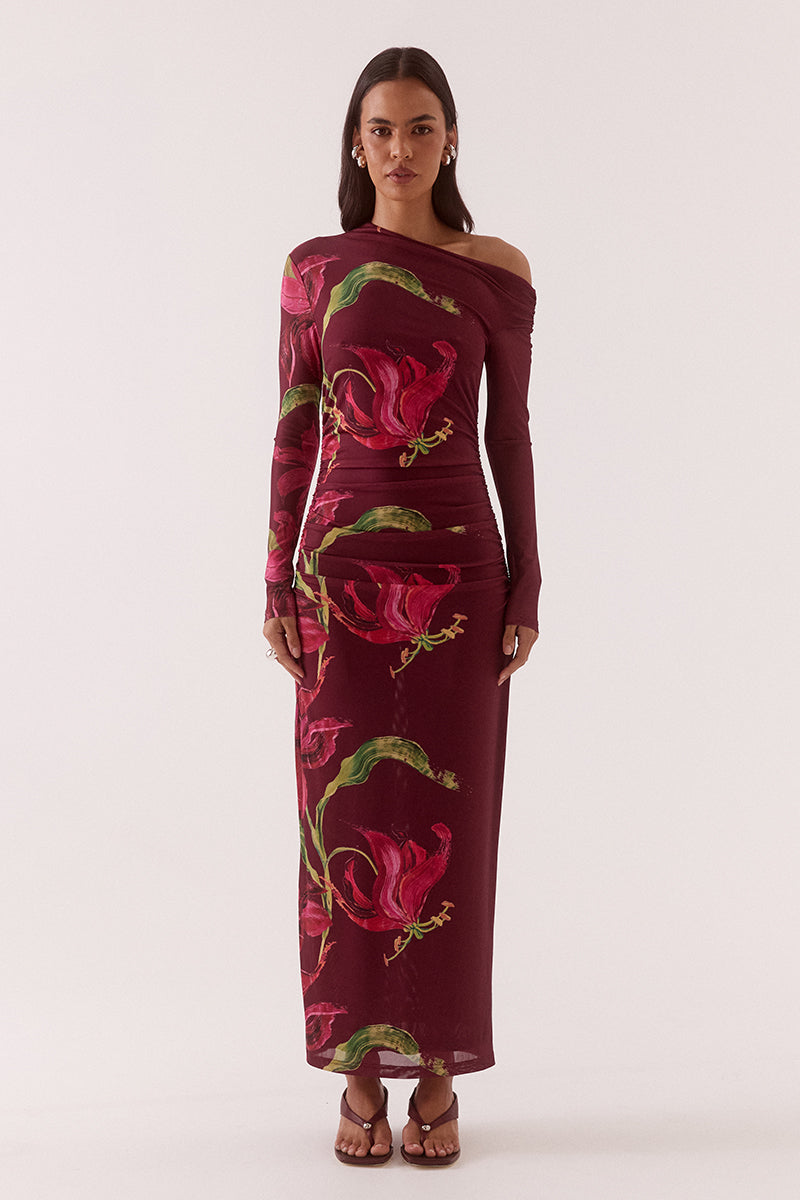Azalea Vino Red Floral Print LS Maxi Dress