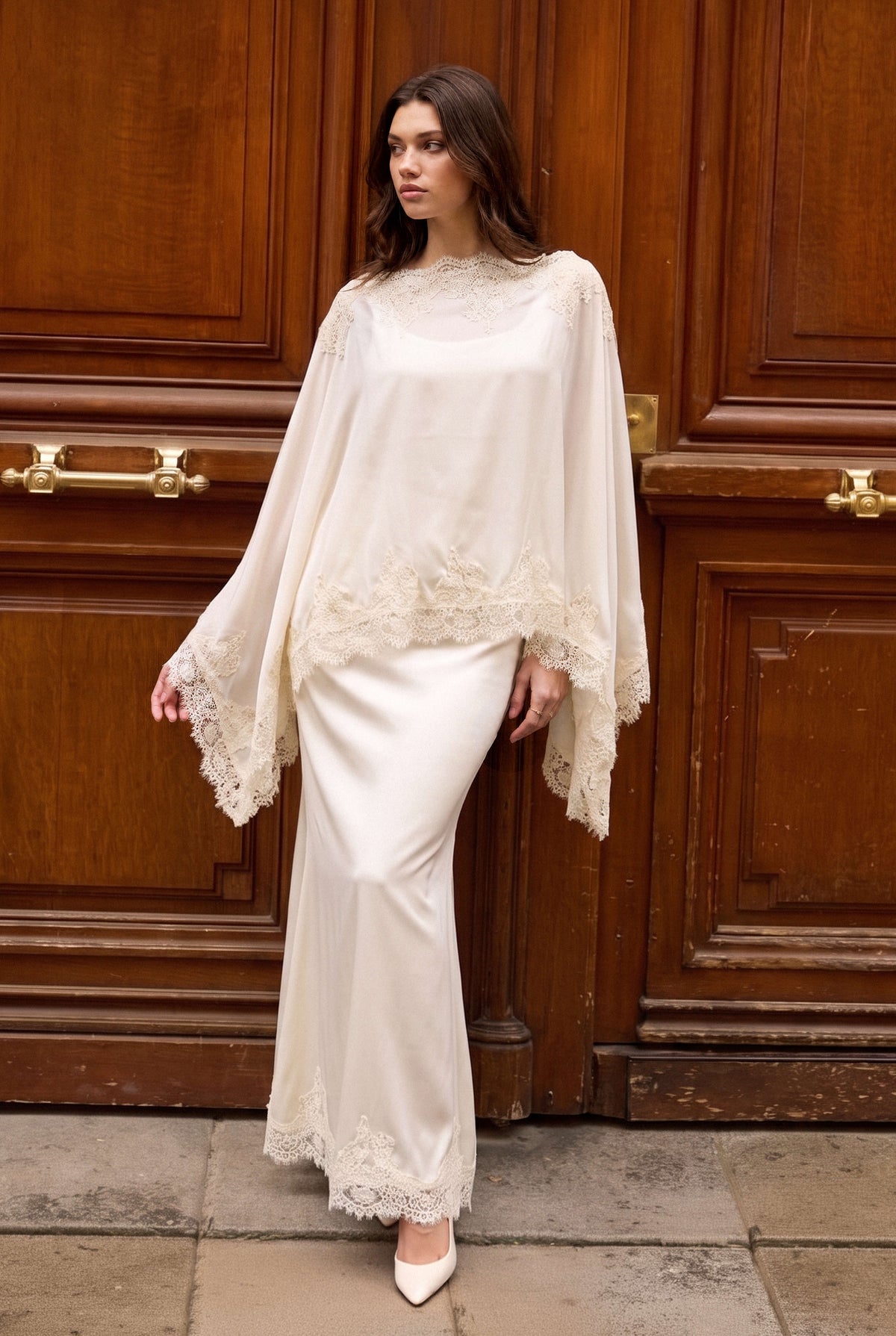 Lace Trim Patchwork Shawl And Shirred Waistband Skirt Set