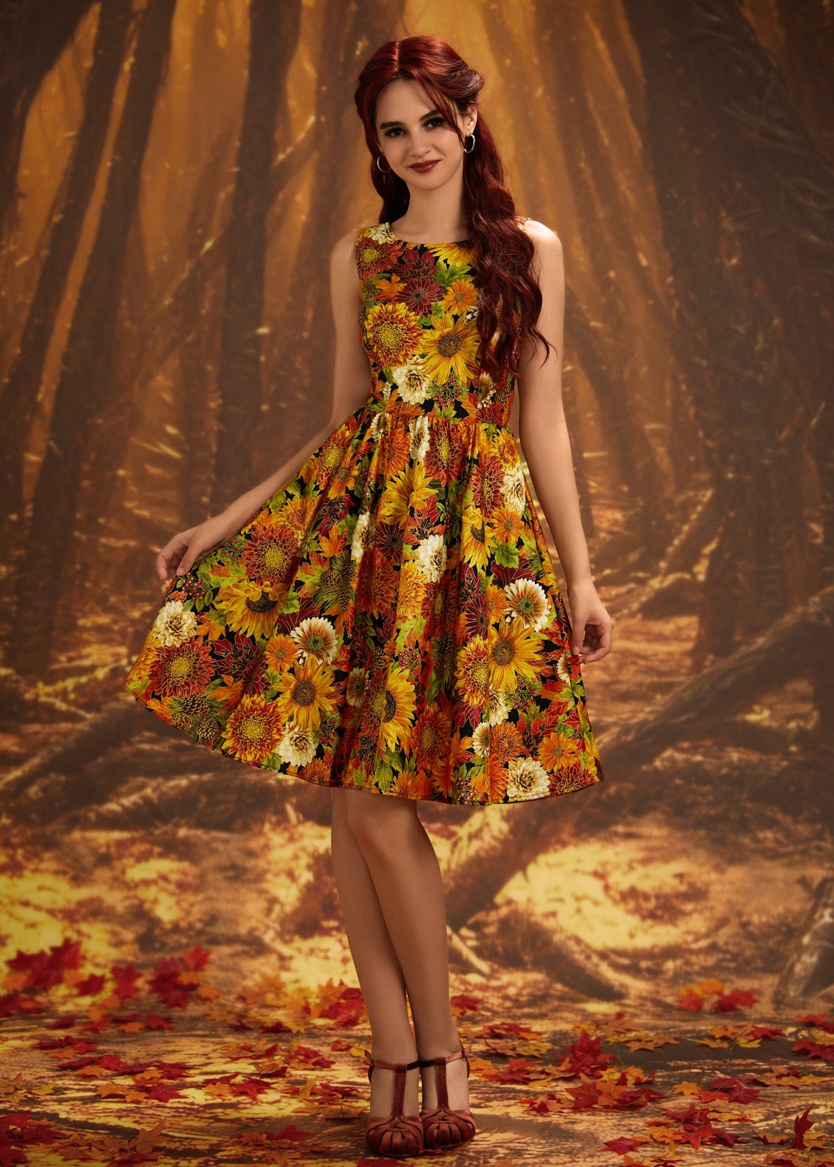 Vintage Style Midi Dress Sunflower Floral
