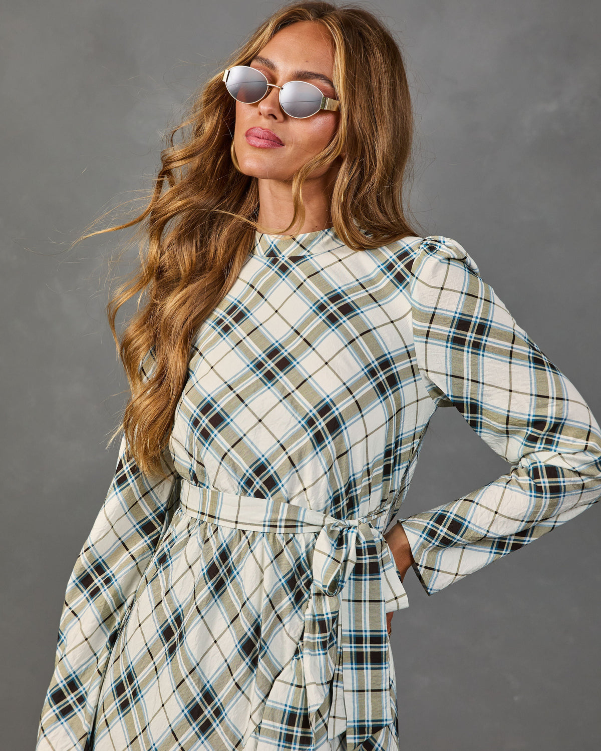 Afternoon Calling Plaid Waist Tie Mini Dress