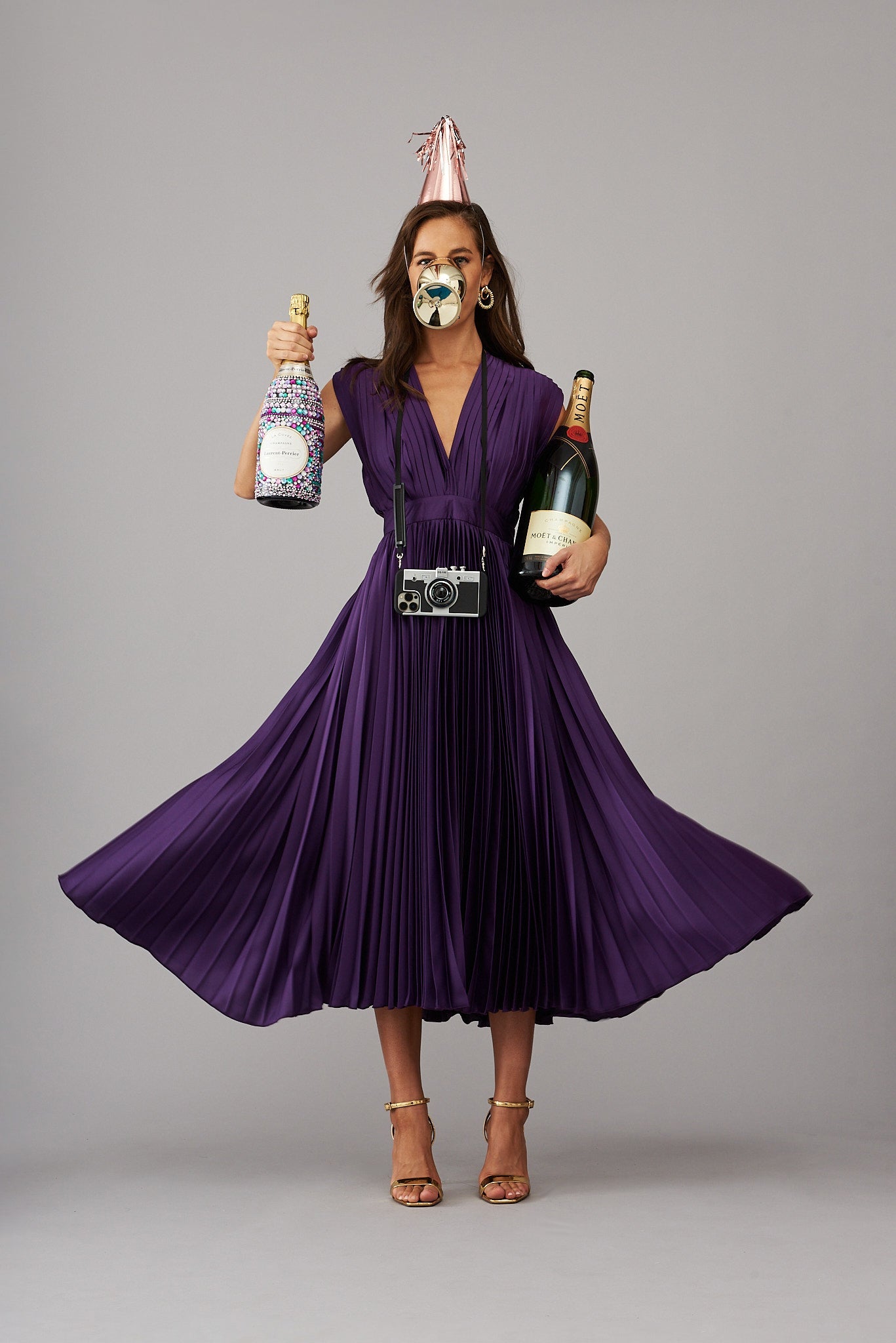Anetta Midi Dress In Pleated In Purple Satin