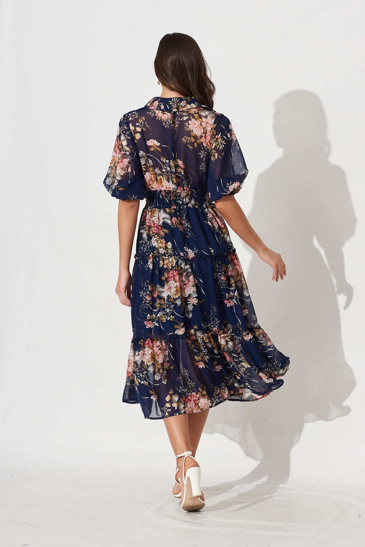 Brittney Midi Dress In Navy And Pink Floral Chiffon
