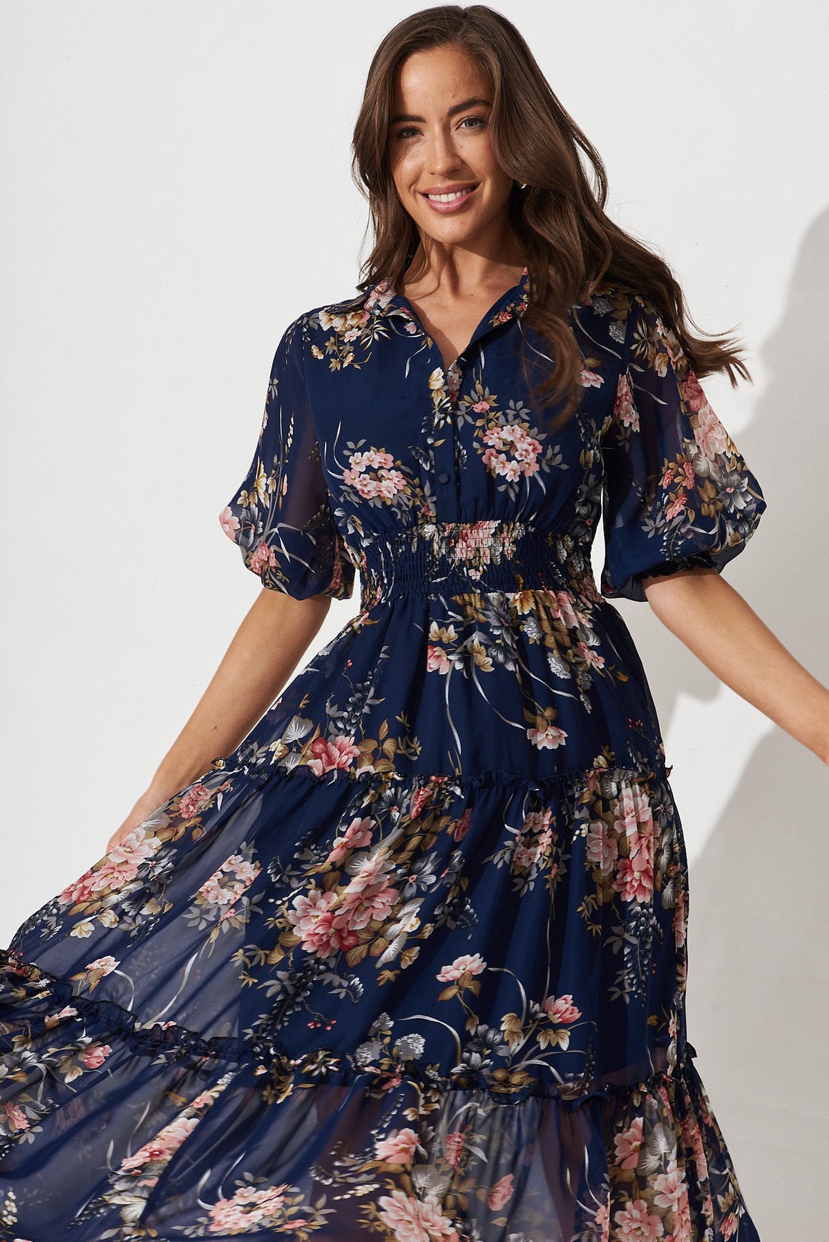 Brittney Midi Dress In Navy And Pink Floral Chiffon