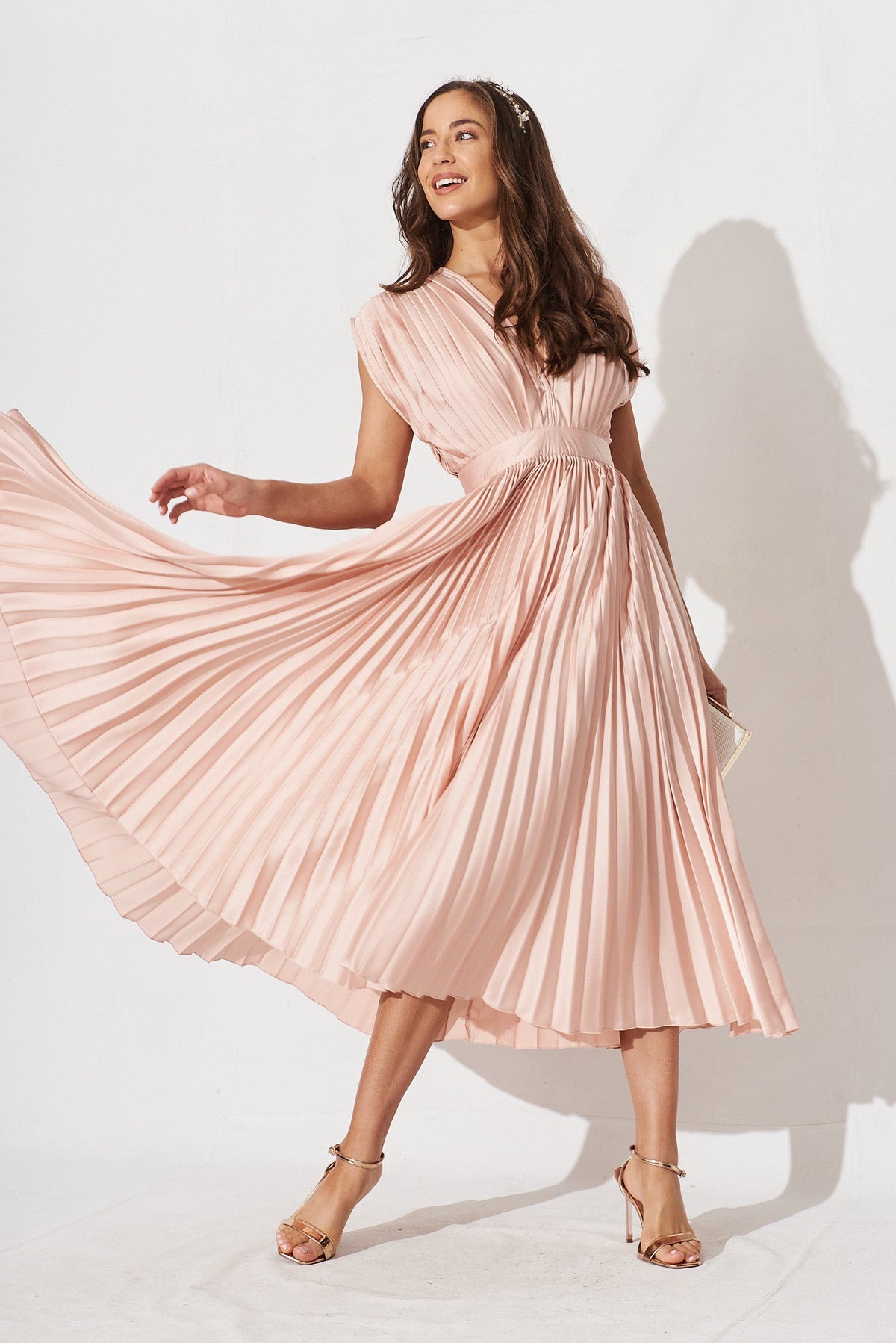 Anetta Midi Dress In Pleated Blush Satin