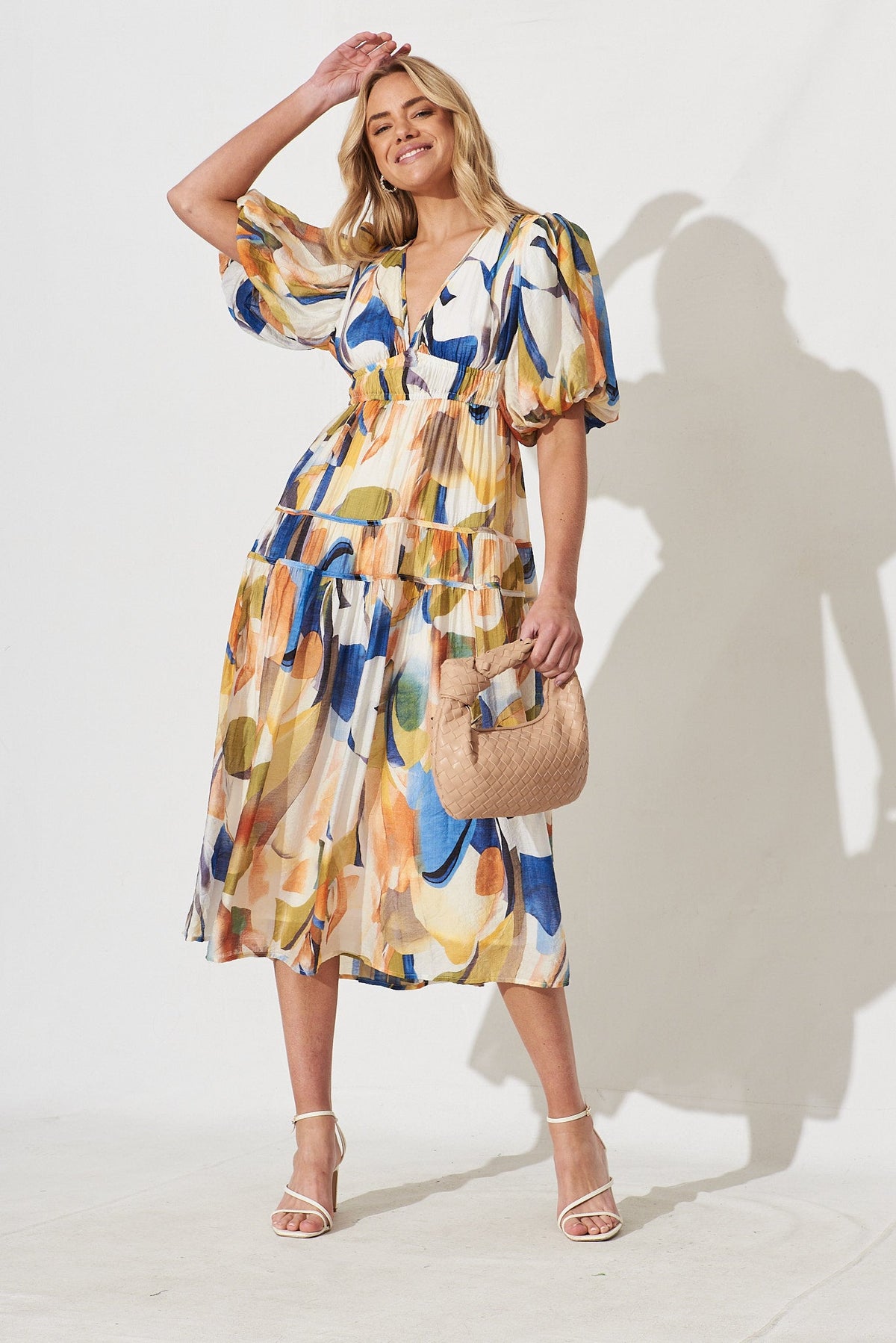 Amalie Midi Dress In White With Multi Print