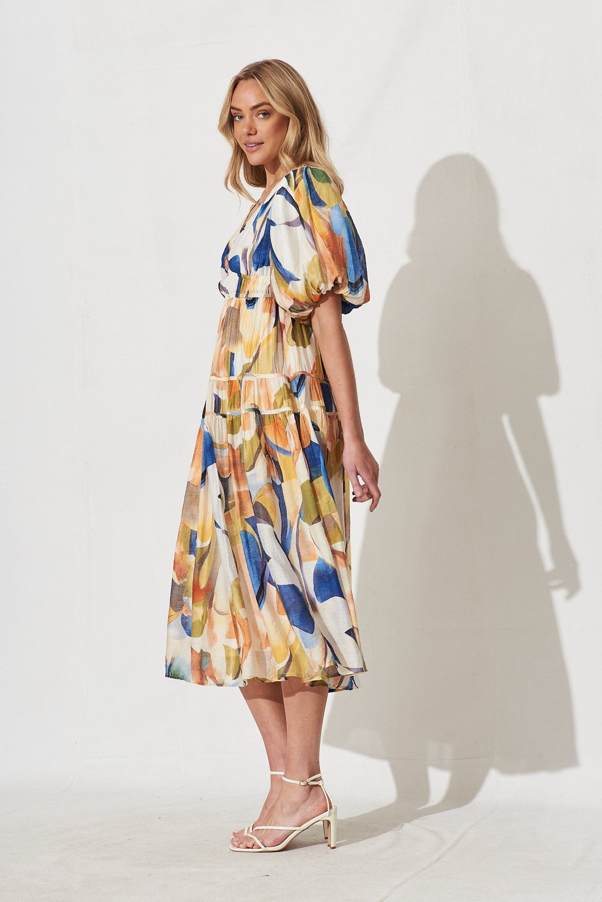 Amalie Midi Dress In White With Multi Print