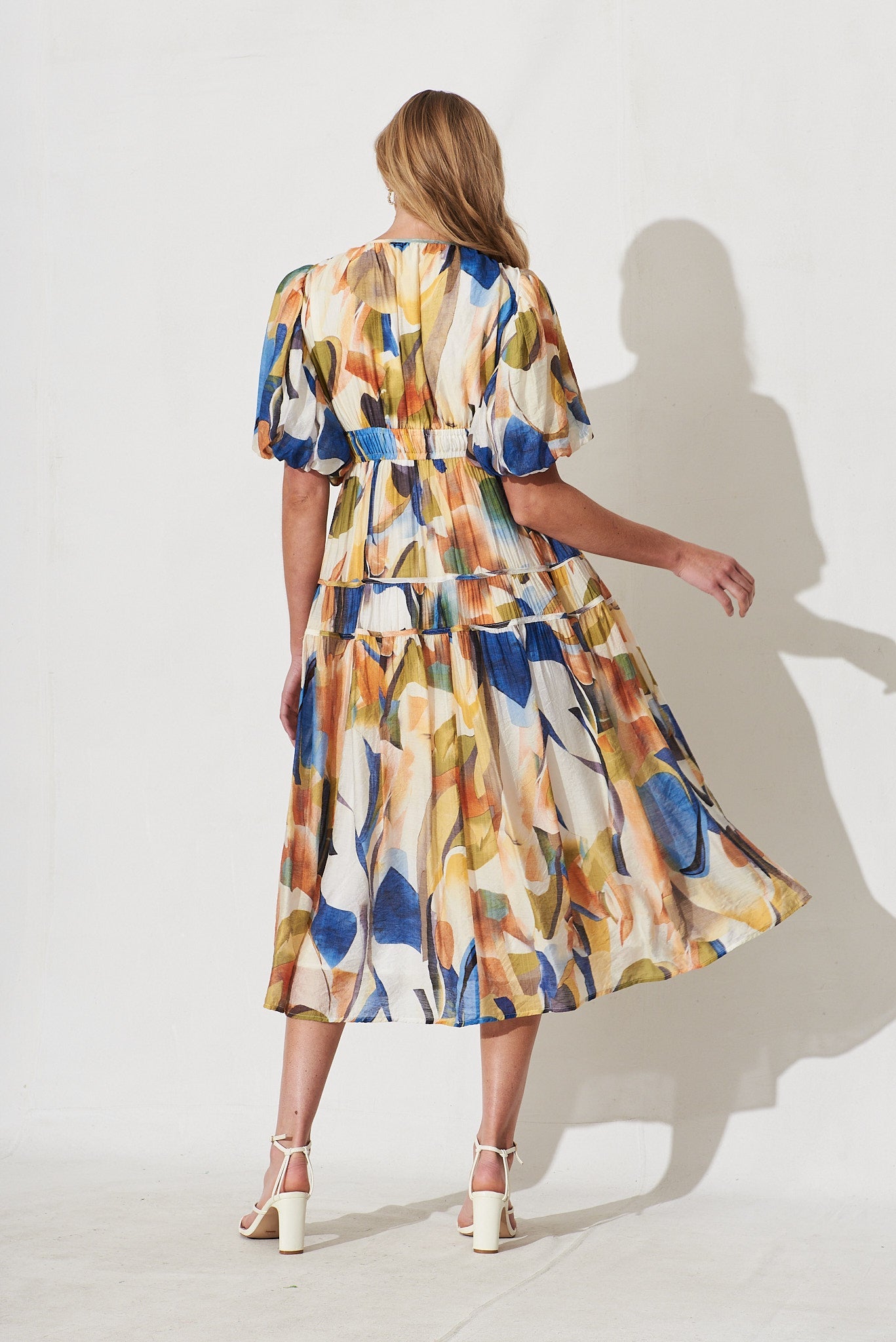 Amalie Midi Dress In White With Multi Print