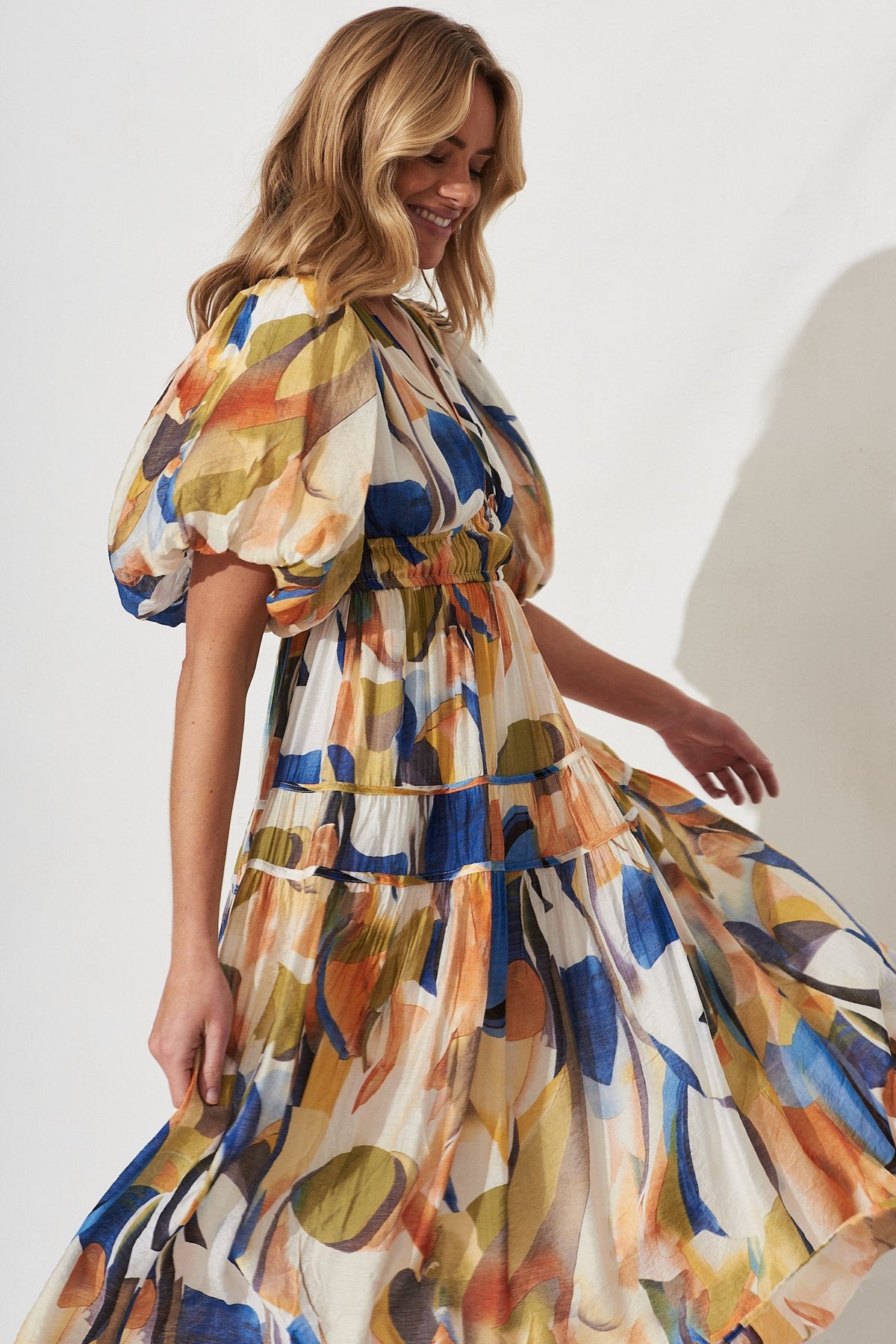 Amalie Midi Dress In White With Multi Print