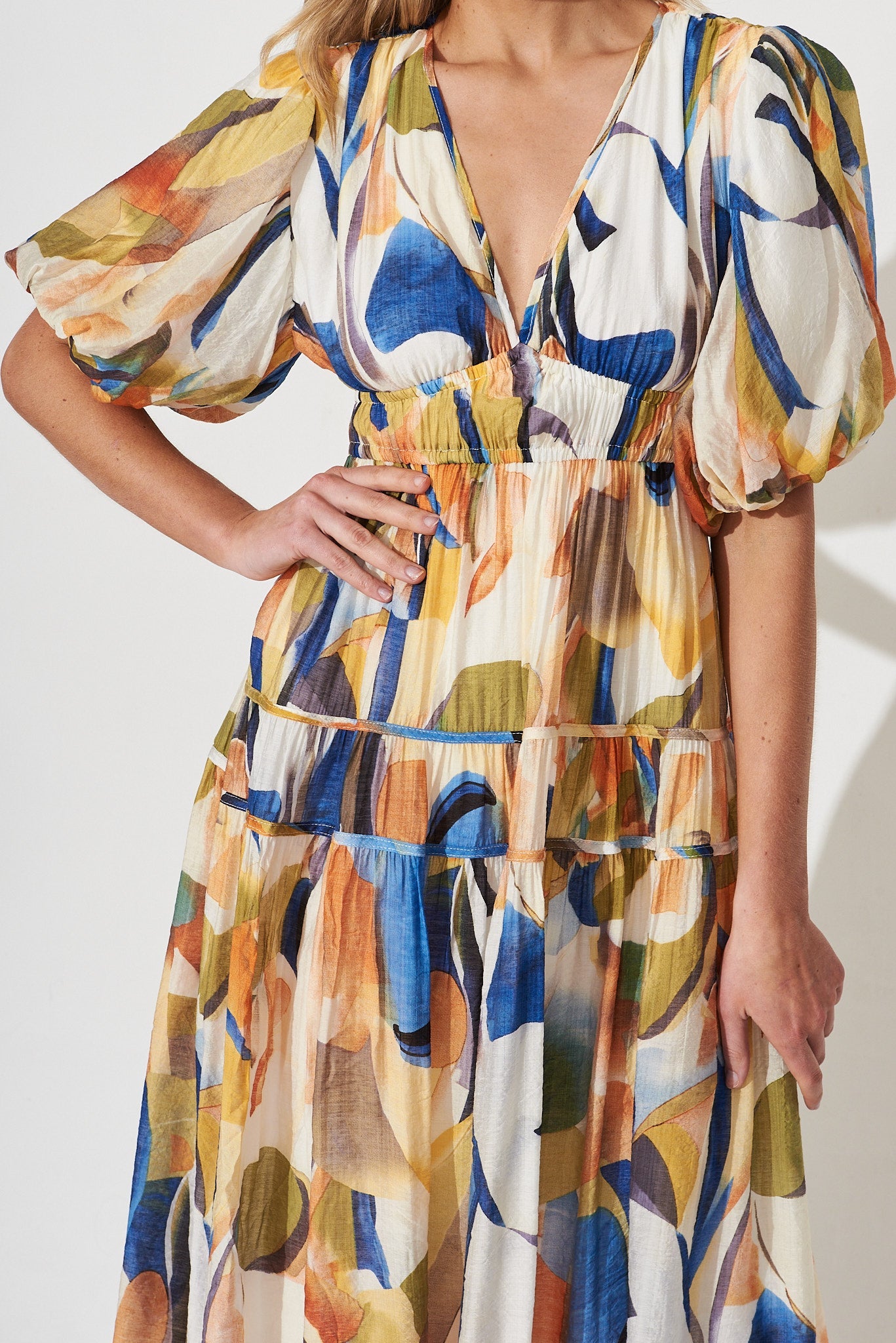 Amalie Midi Dress In White With Multi Print