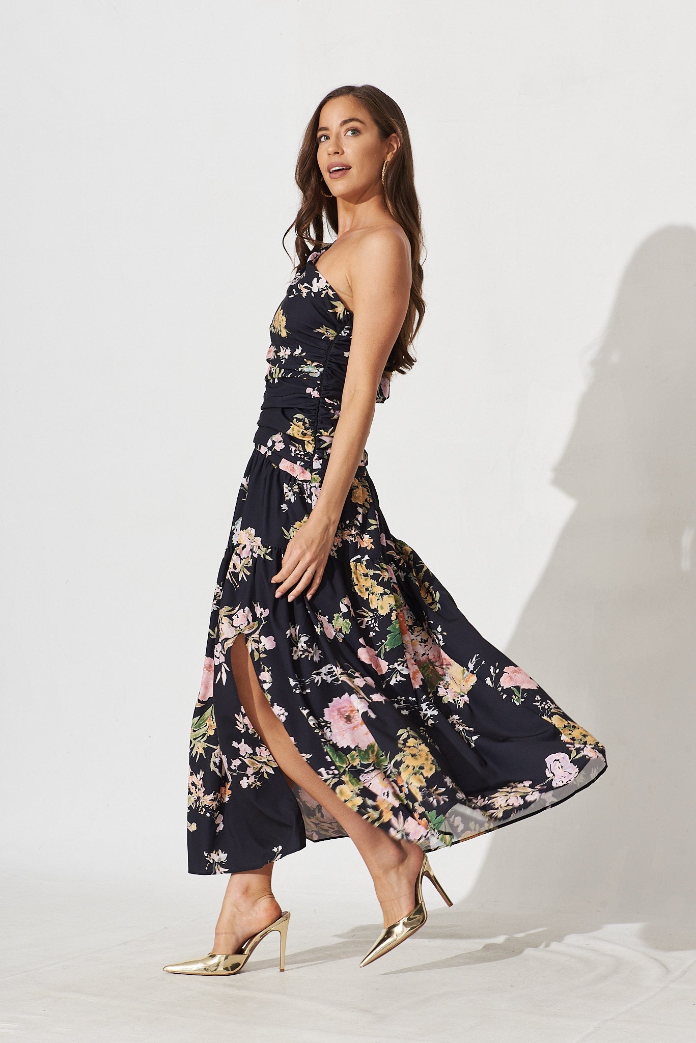 Berlyn One Shoulder Maxi Dress in Black With Pink Floral
