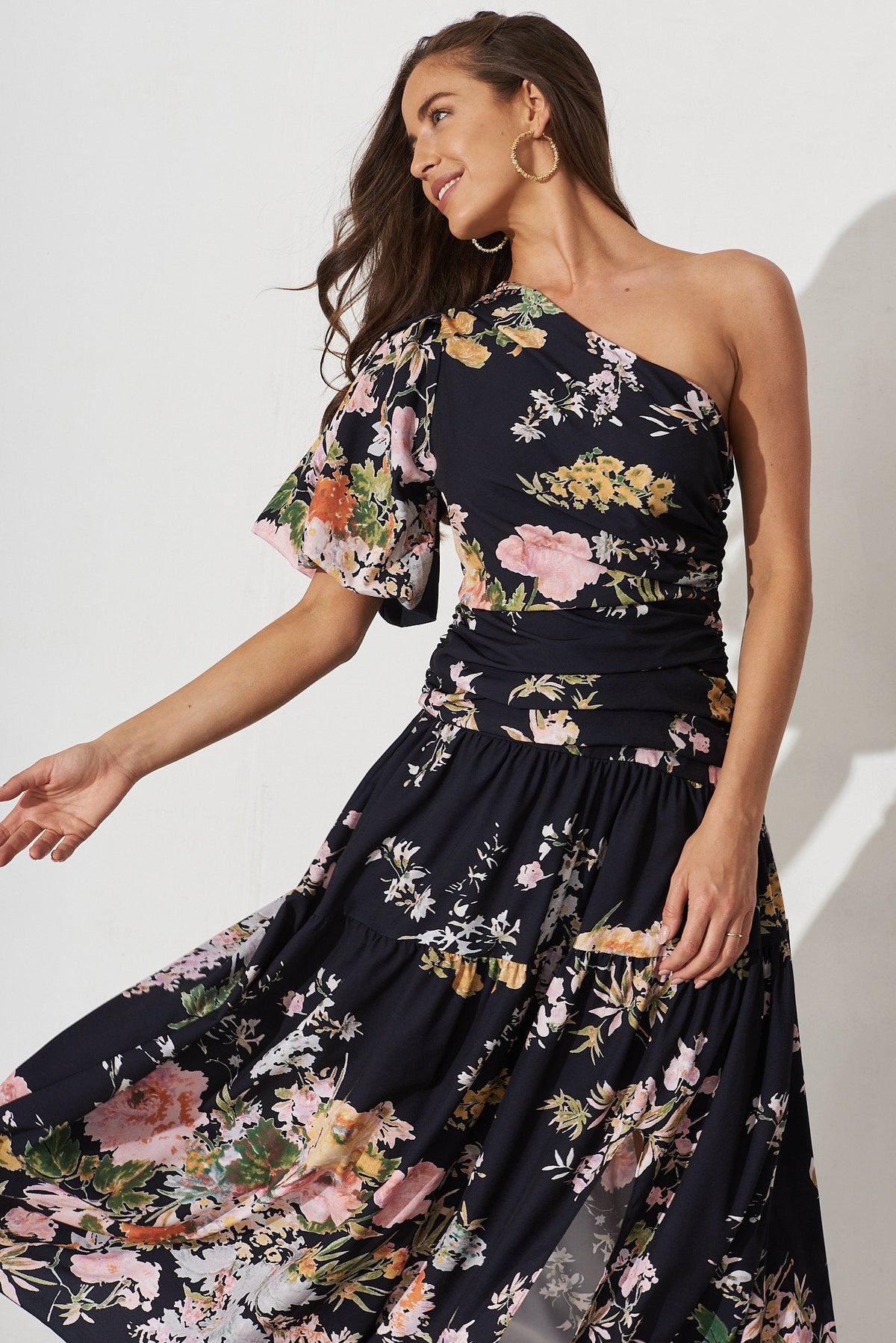 Berlyn One Shoulder Maxi Dress in Black With Pink Floral