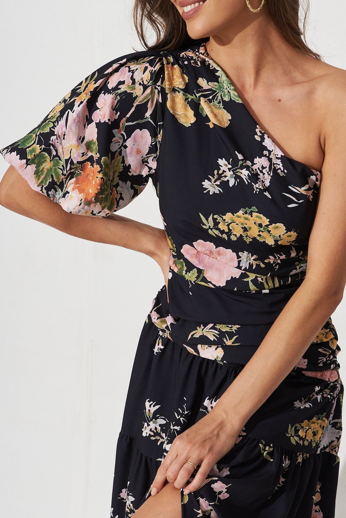 Berlyn One Shoulder Maxi Dress in Black With Pink Floral