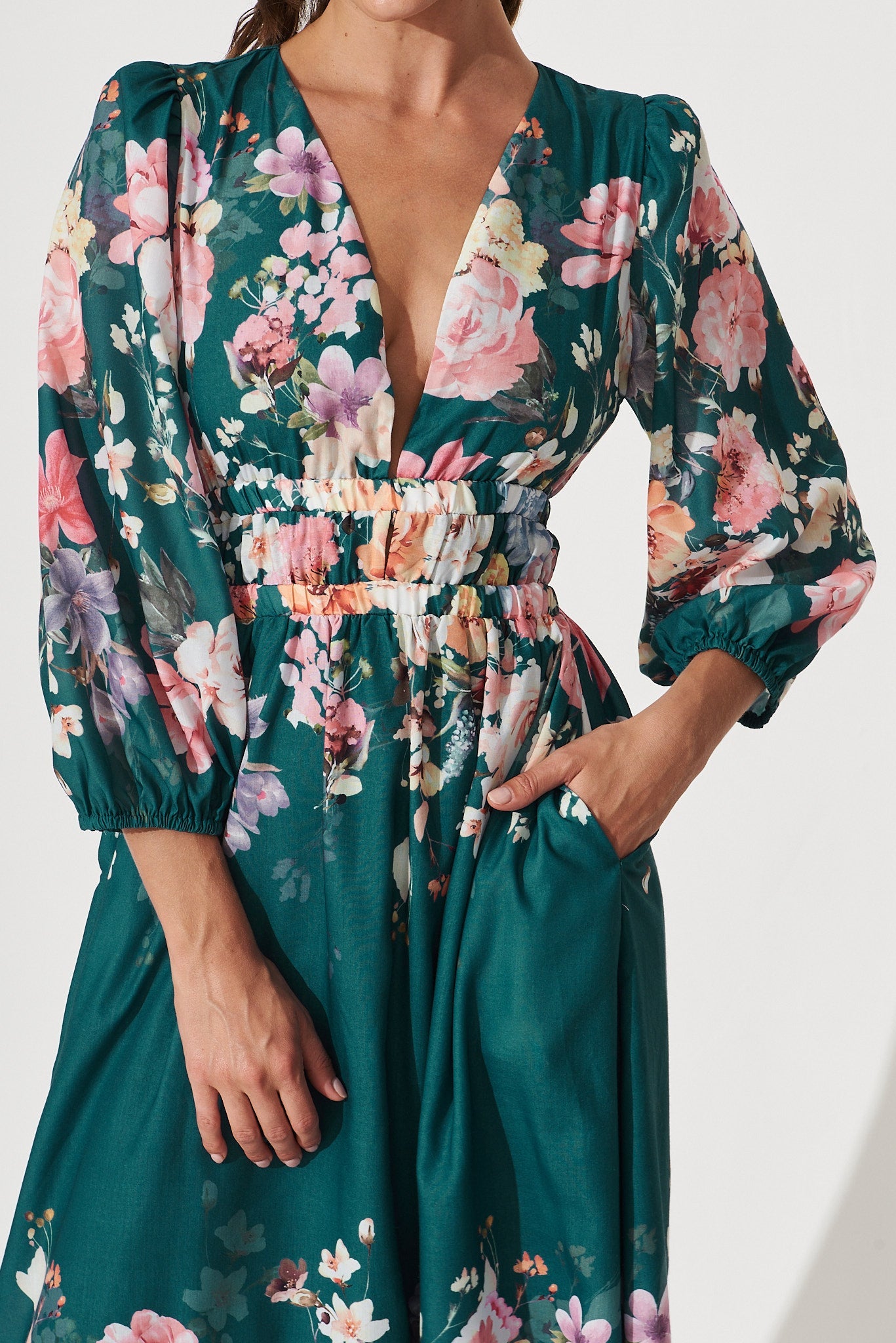 Camie Maxi Dress In Teal With Orange Floral