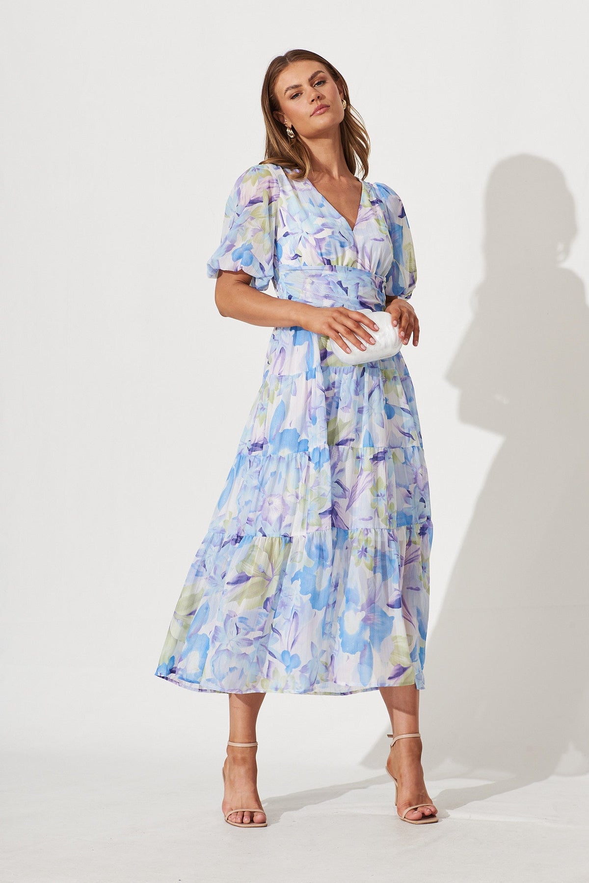 Celine Midi Dress In Blue With Green Watercolour Floral Print