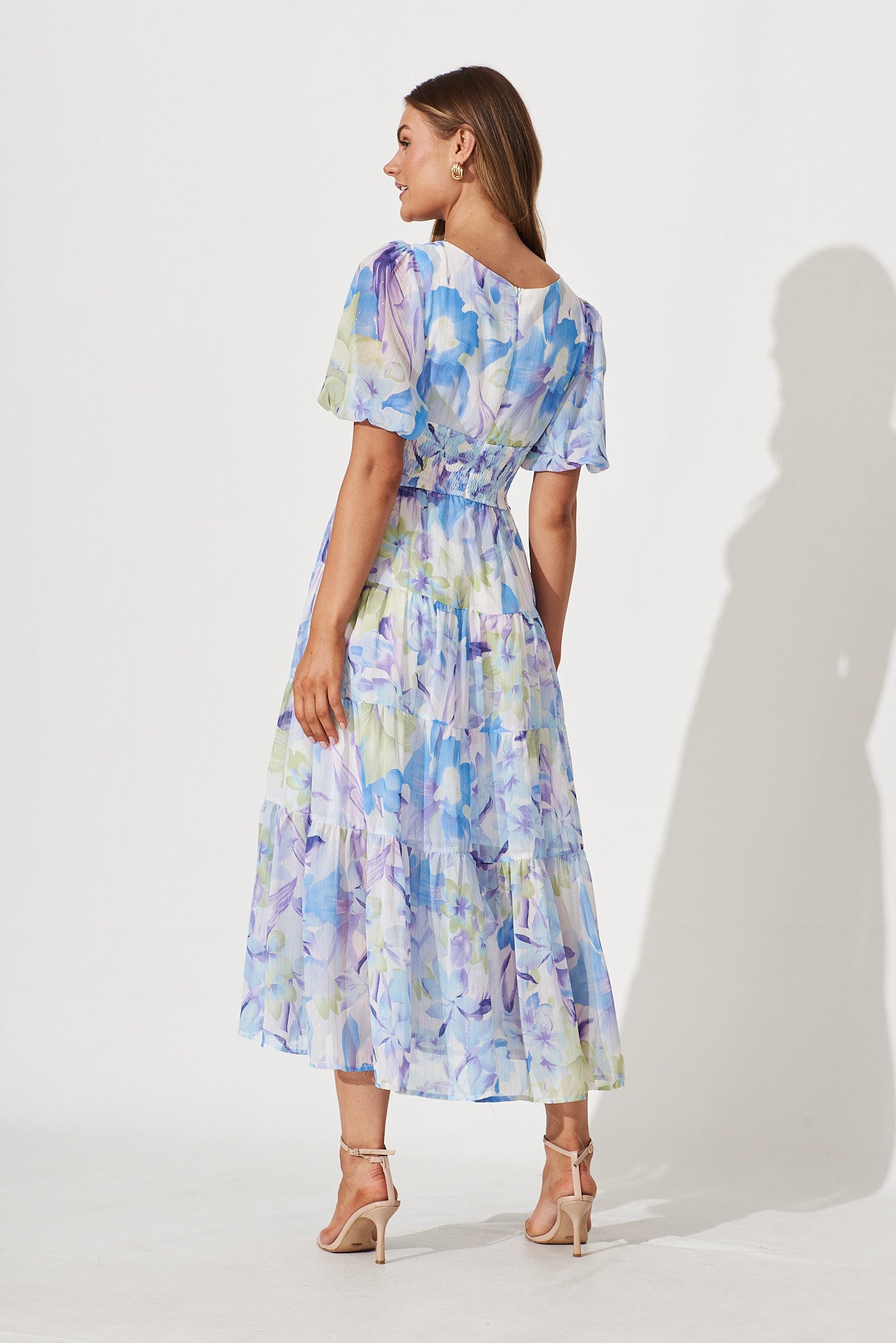 Celine Midi Dress In Blue With Green Watercolour Floral Print