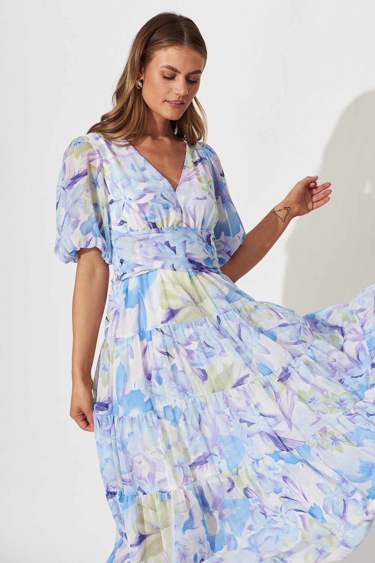Celine Midi Dress In Blue With Green Watercolour Floral Print