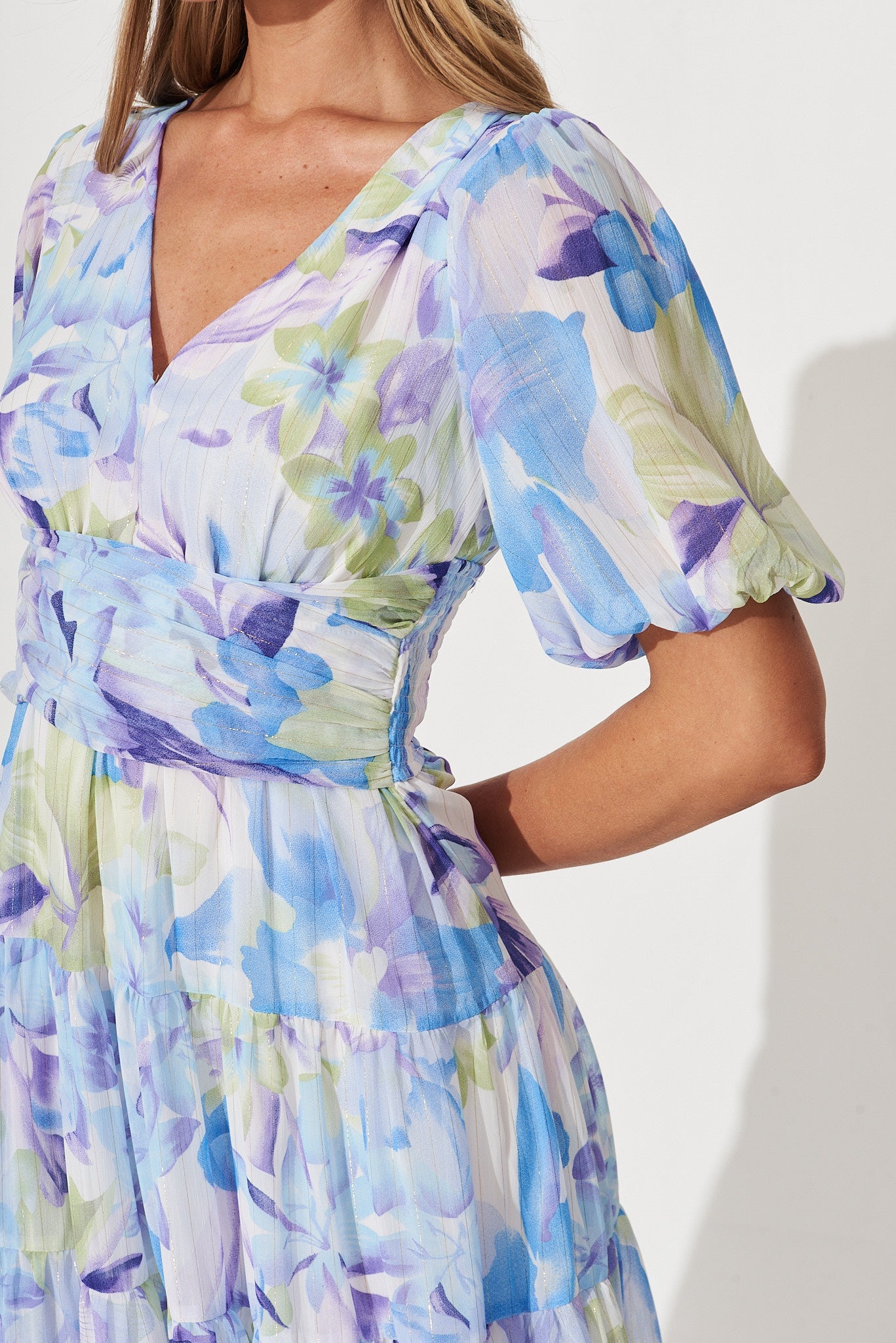 Celine Midi Dress In Blue With Green Watercolour Floral Print