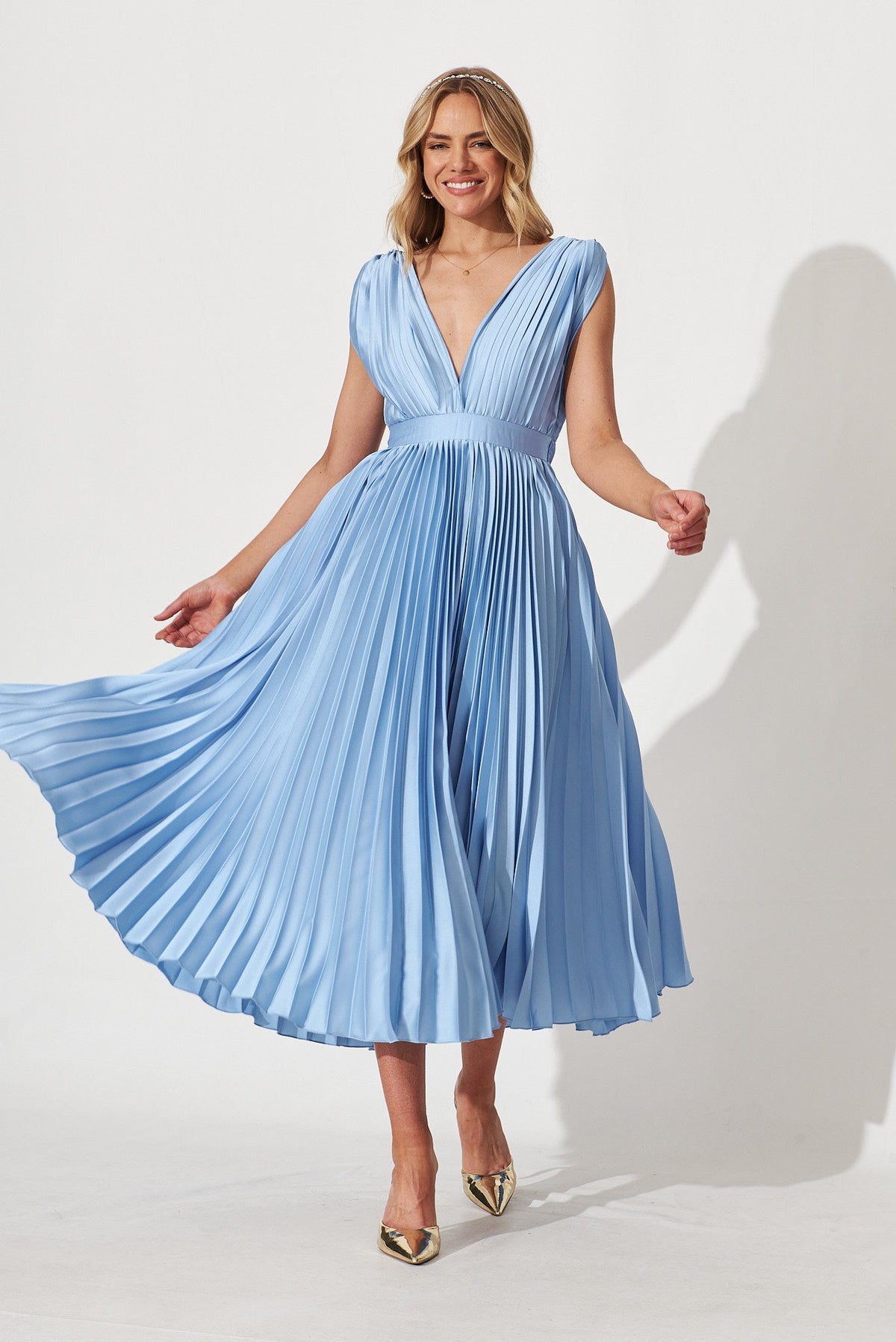 Anette Midi Dress In Pleated Pale Blue Satin