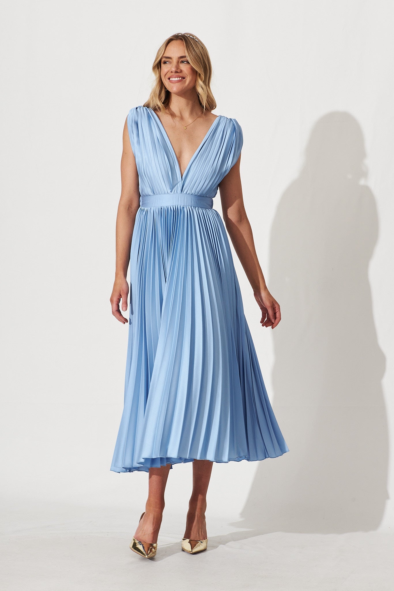 Anette Midi Dress In Pleated Pale Blue Satin