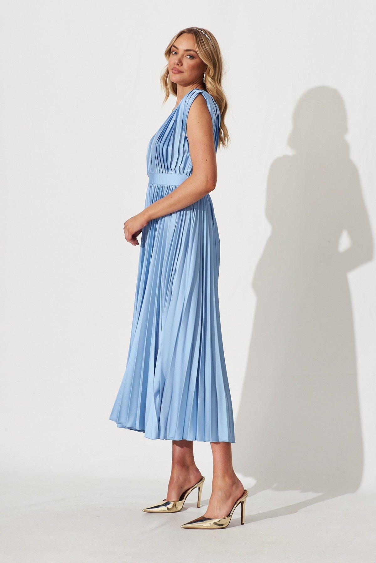 Anette Midi Dress In Pleated Pale Blue Satin