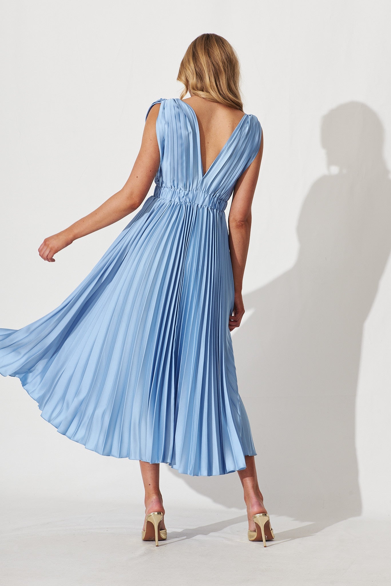 Anette Midi Dress In Pleated Pale Blue Satin