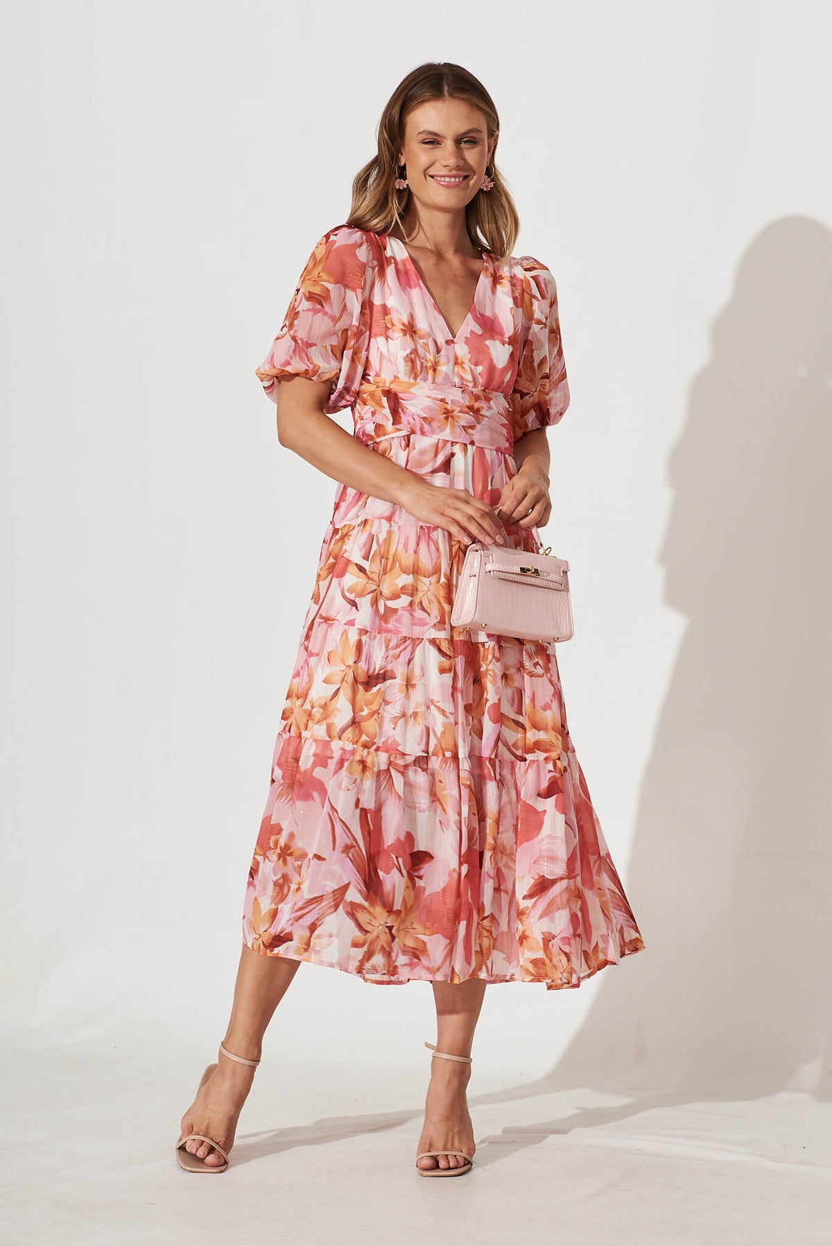 Celine Midi Dress in Pink Floral Lurex Chiffon