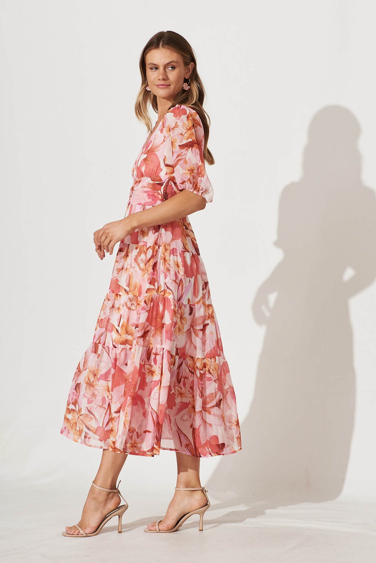 Celine Midi Dress in Pink Floral Lurex Chiffon