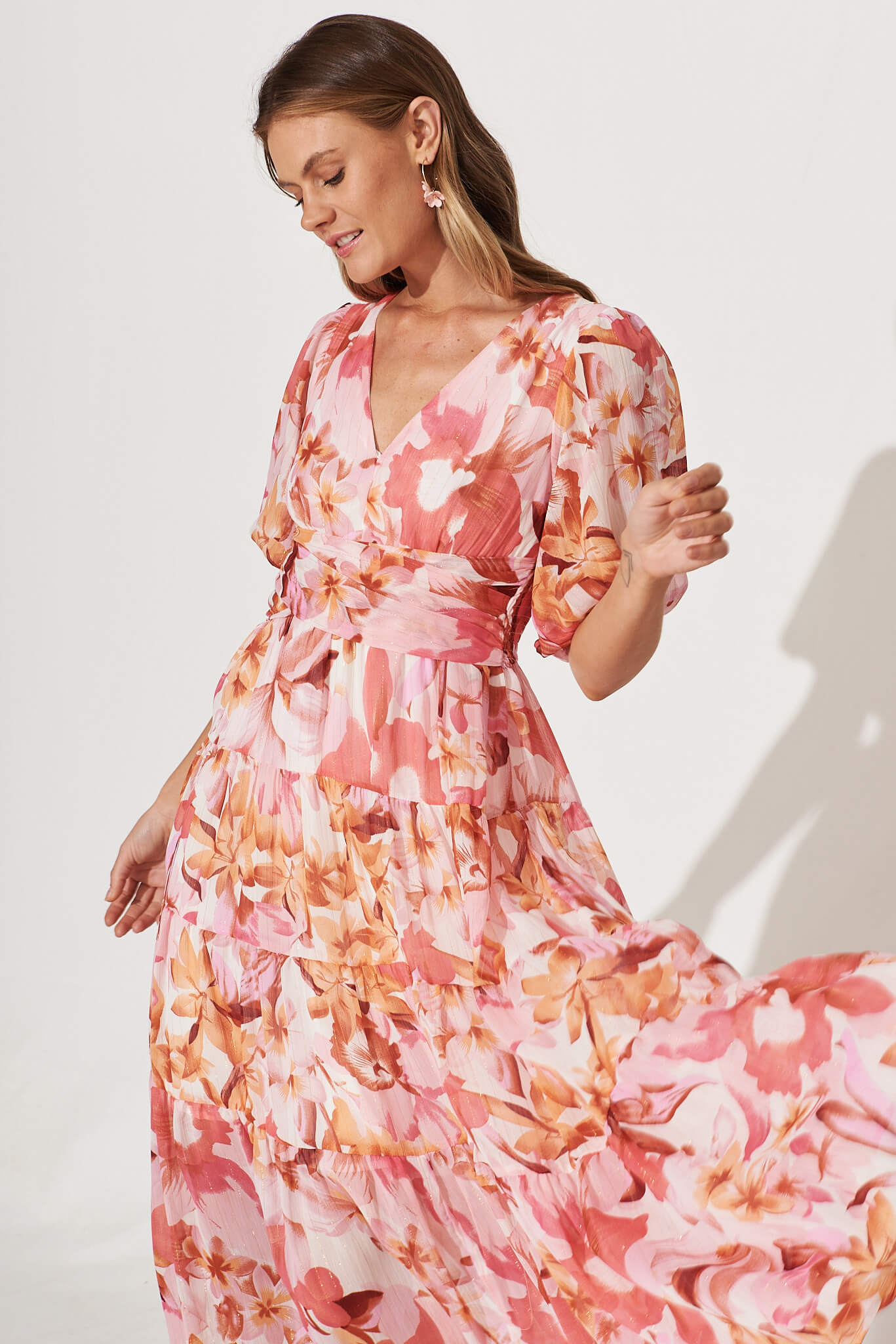 Celine Midi Dress in Pink Floral Lurex Chiffon