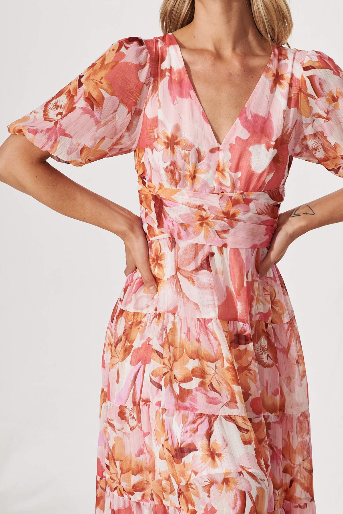 Celine Midi Dress in Pink Floral Lurex Chiffon