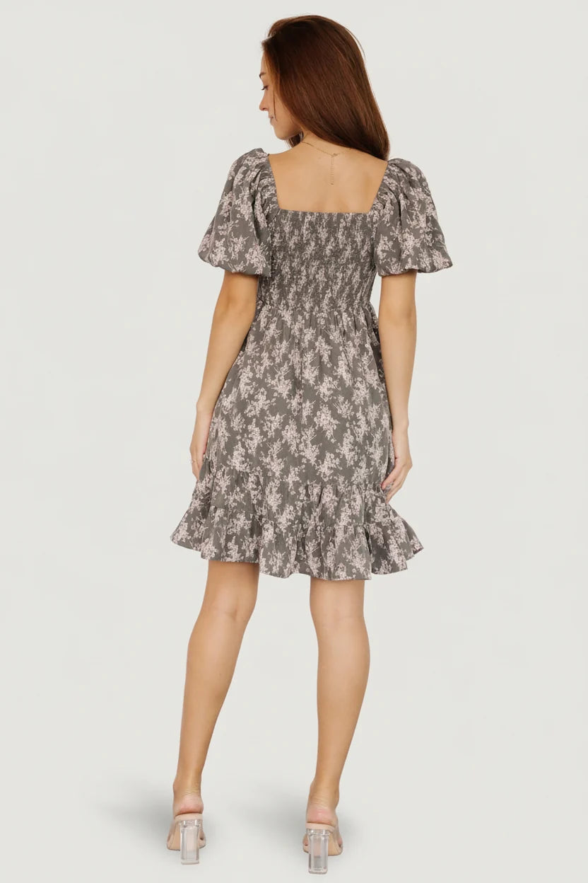 Anastasia Bow Short Dress | Dusty Olive Print