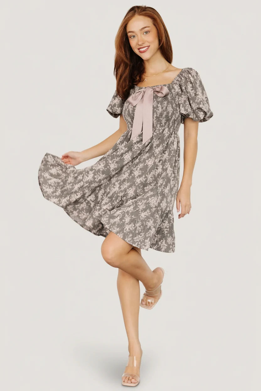Anastasia Bow Short Dress | Dusty Olive Print