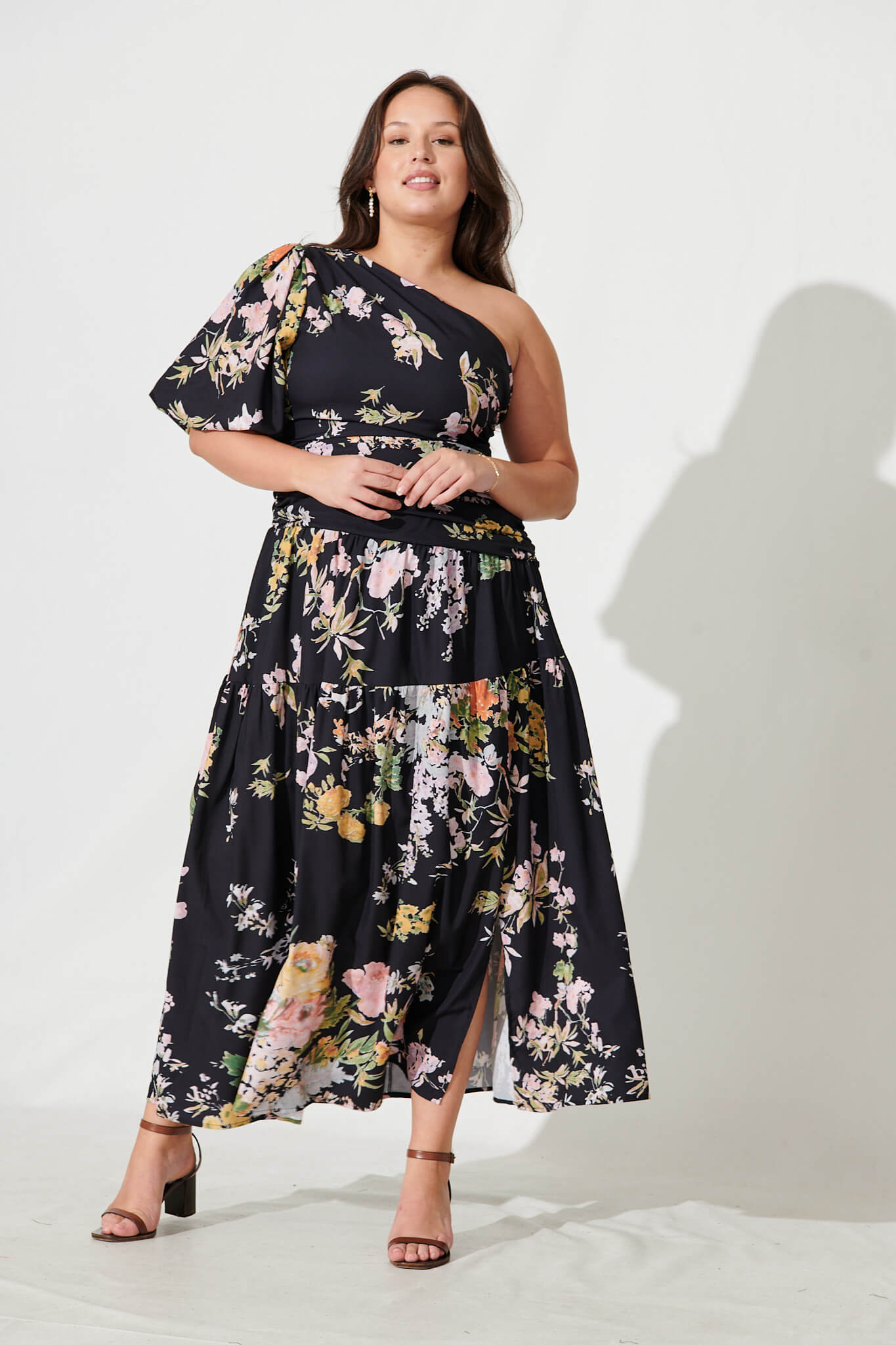 Berlyn One Shoulder Maxi Dress in Black With Pink Floral
