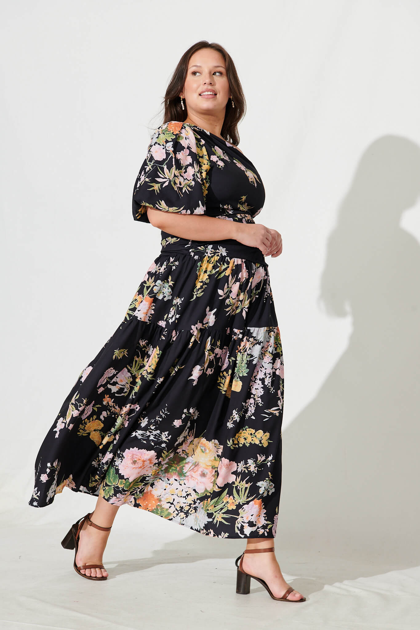 Berlyn One Shoulder Maxi Dress in Black With Pink Floral