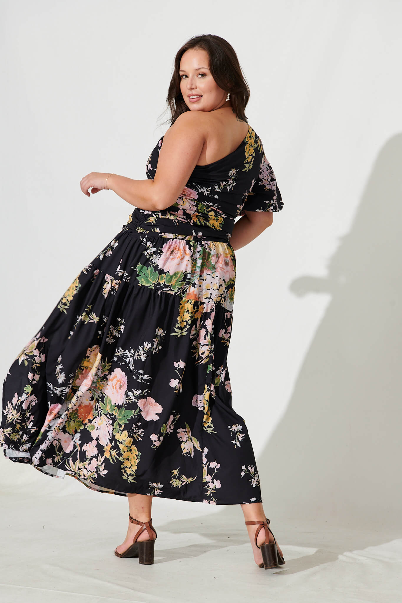 Berlyn One Shoulder Maxi Dress in Black With Pink Floral